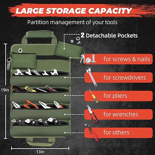 Miniatura 2 de Veitorld - Bolsa de herramientas enrollable, almacenamiento de herramientas portátil, organizador de herramientas resistente con bolsas desmontables