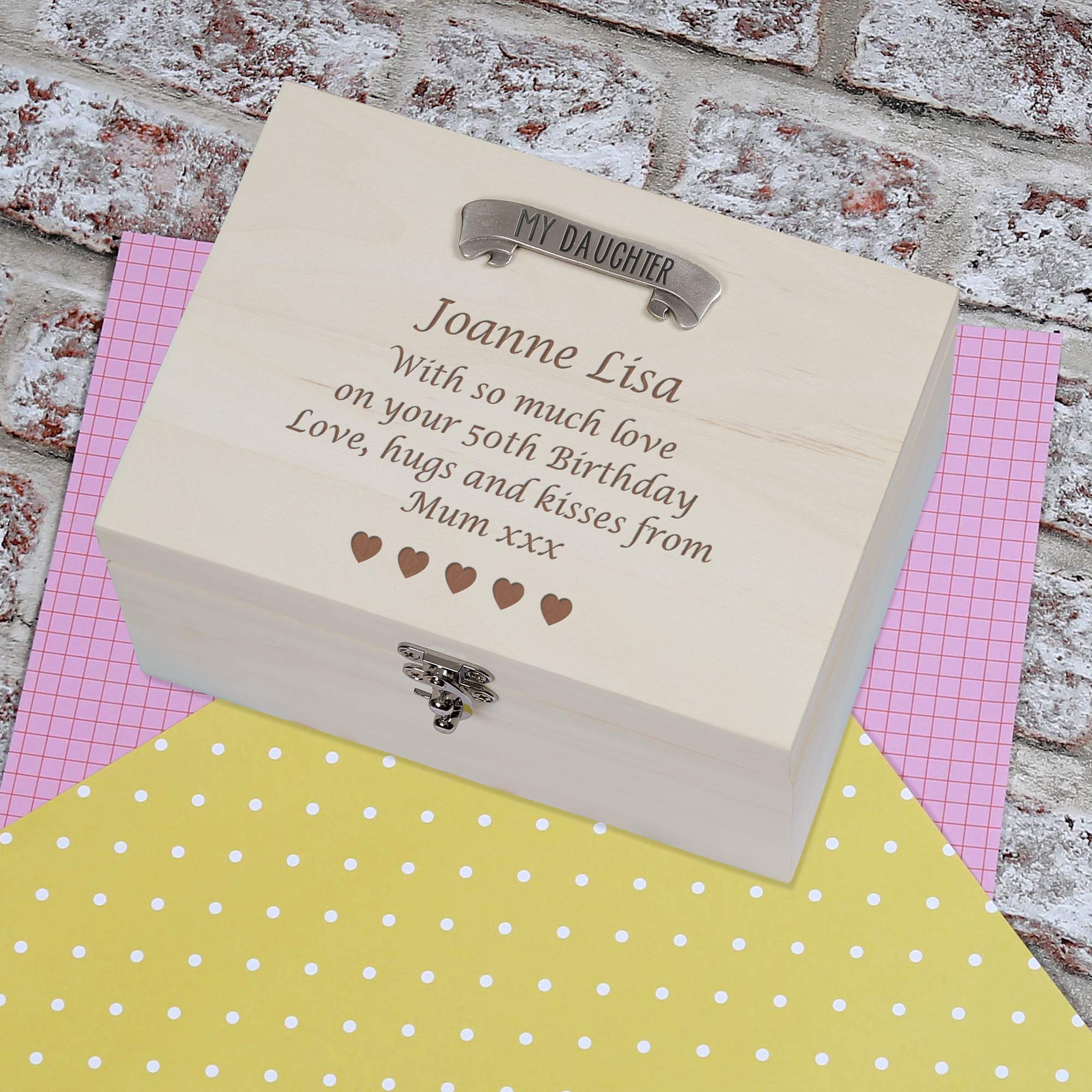 Erinnerungsbox zum 50. Geburtstag, personalisierbar, Kiefernholz, 50 Stück