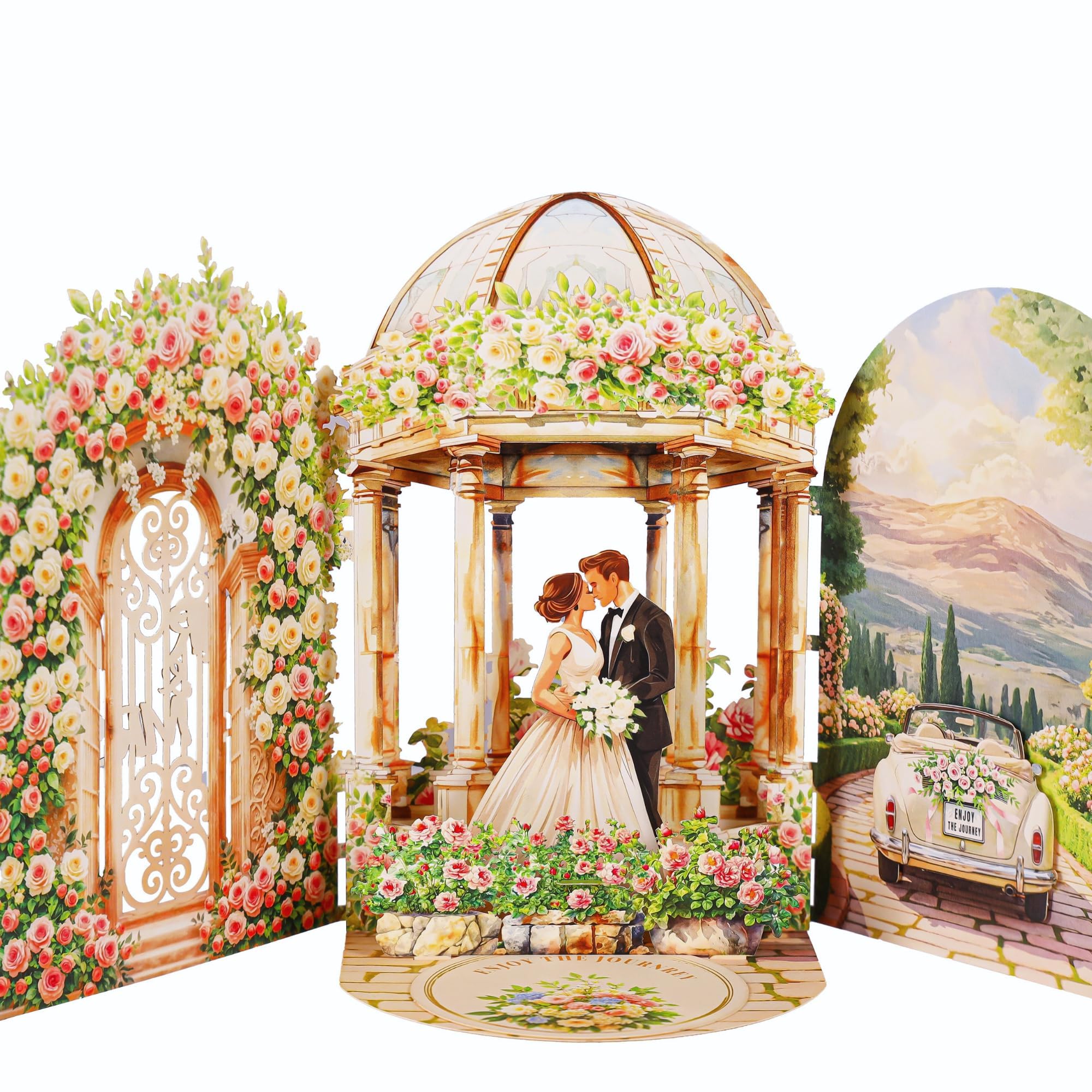Kartka weselna 3D Pop Up, elegancka kartka weselna 3D z parą młodą, łukiem kwiatowym i samochodem weselnym, kartka pop-up na wesele na prezent pieniężny, bon podarunkowy, kartka z życzeniami z okazji
