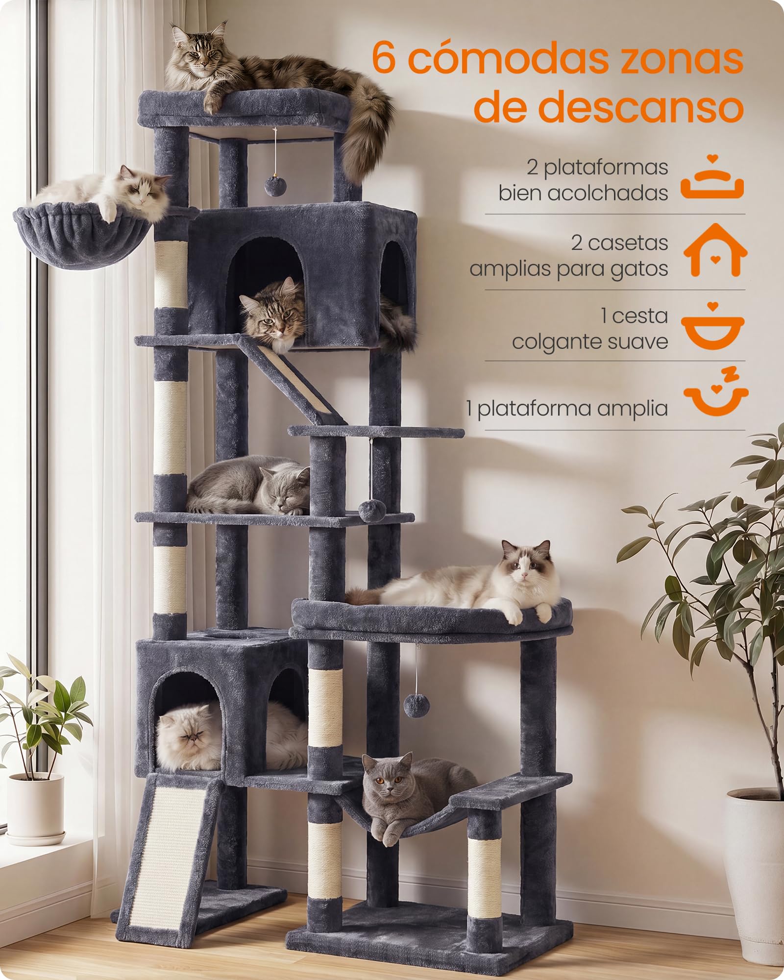 Feandrea Árbol para Gatos XXL, Torre con Postes de Sisal, Rascador con Base Doble, 105 x 45 x 202 cm, Gris Oscuro, para Gatos Grandes y Varios Felinos, Colección Clawfy PCT020G201