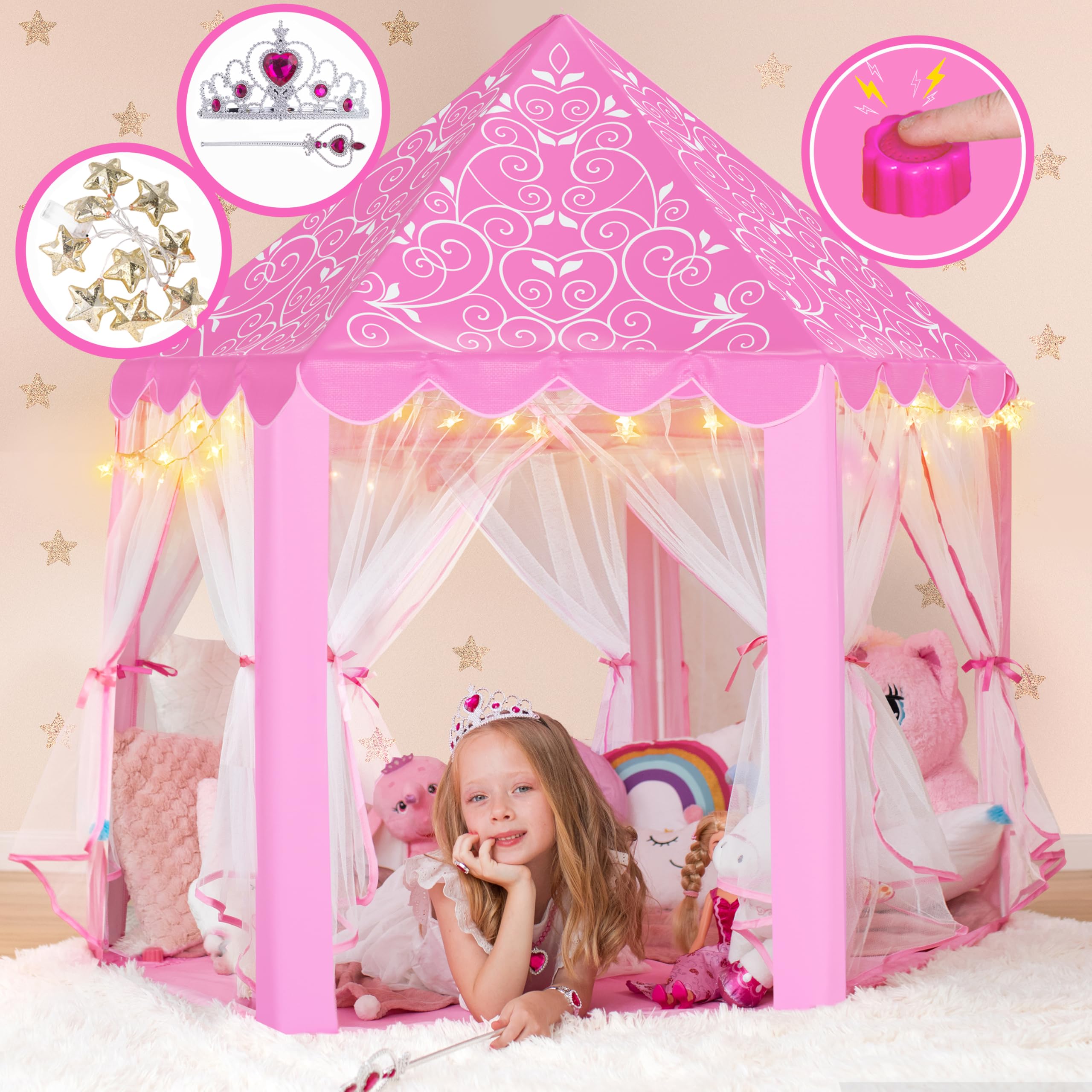 W&O Princess Tent with Fantasy Sound Button, LED Lights, Crown & Wand Set – Indoor & Outdoor Play Tent for Kids Ages 3-8