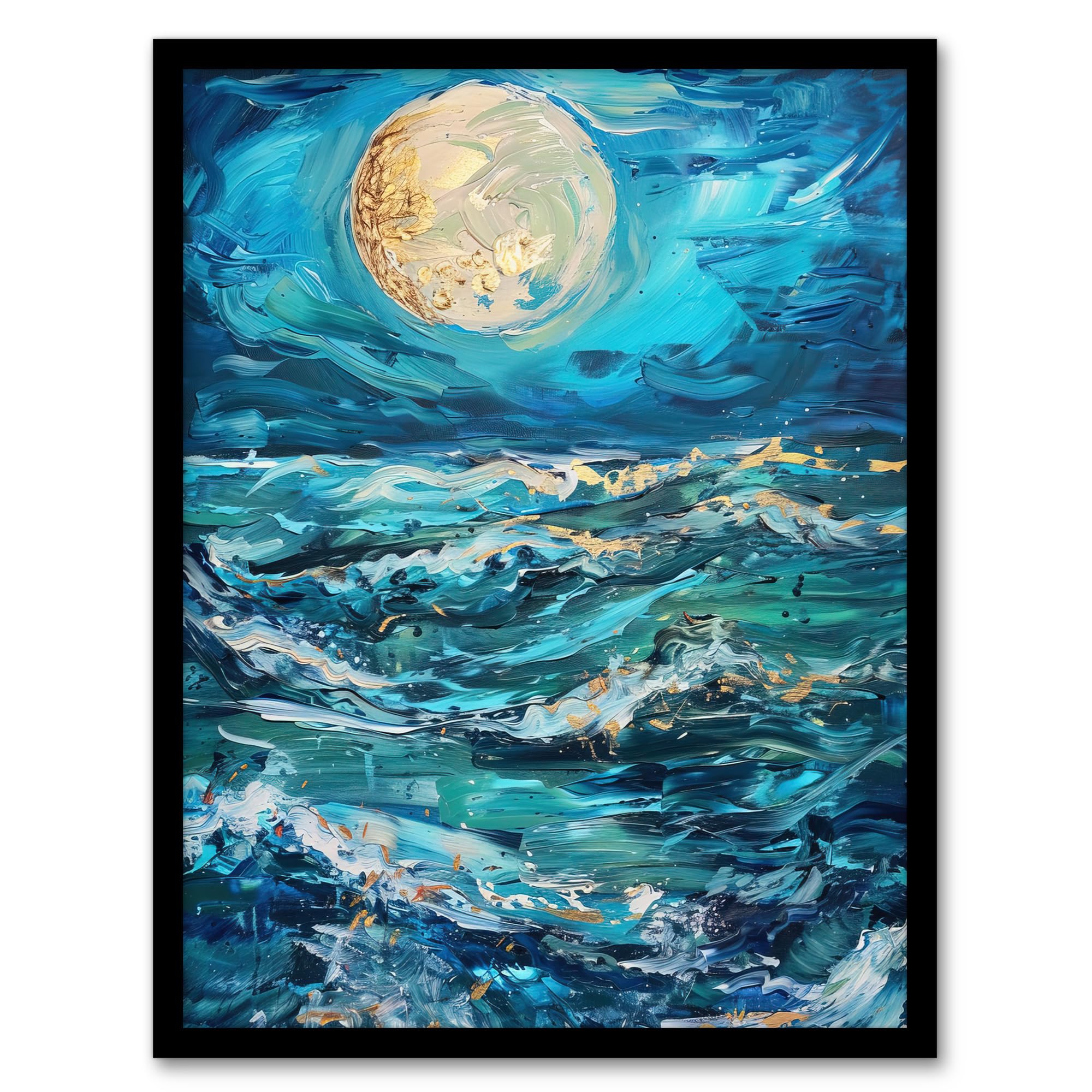 Artery8 Oceans Waves Under Full Moon Oil Painting Dark Bathroom Artwork Framed Wall Art Print 18X24 Inch