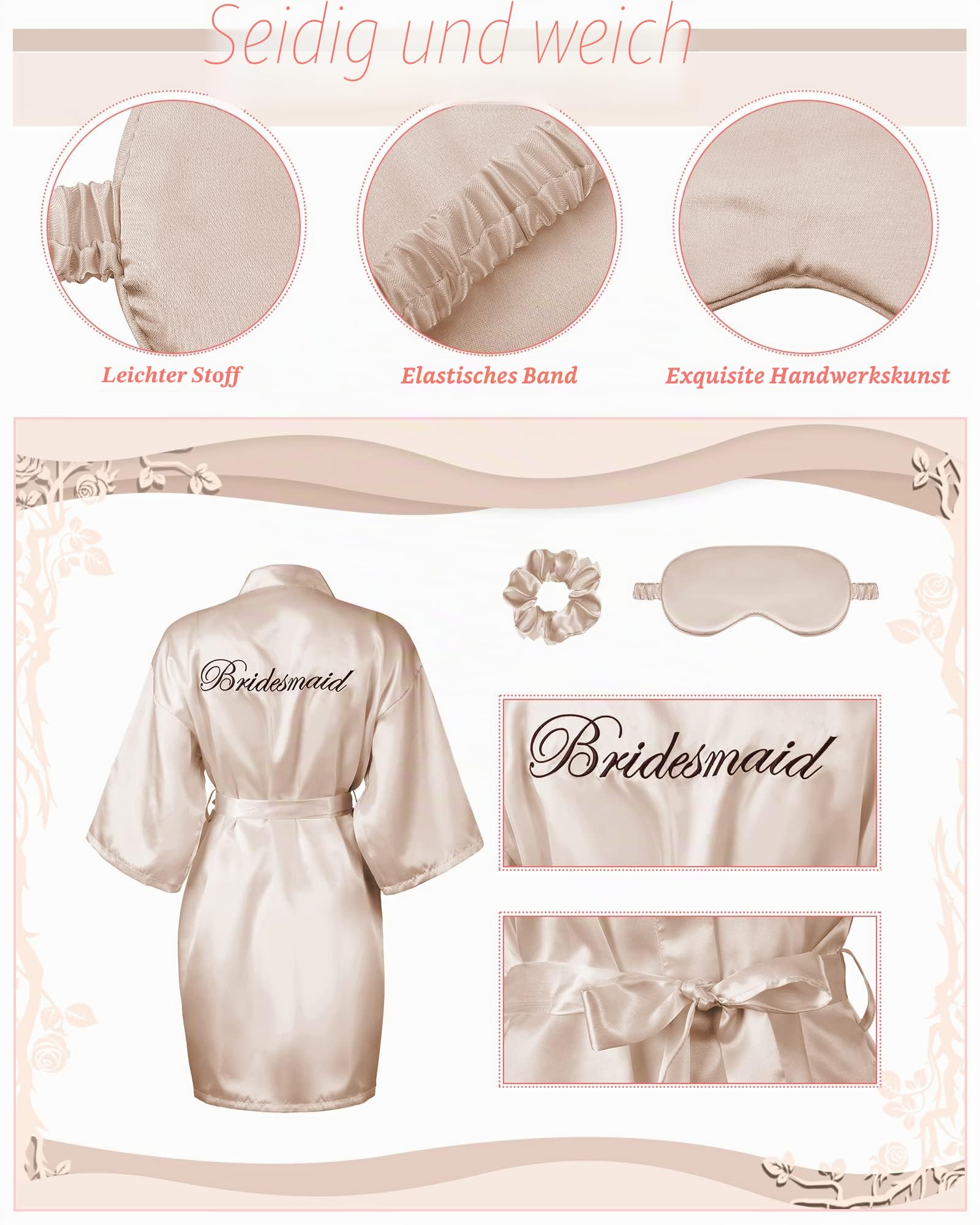 Jecery 7 Stück Brautjungfer Robe Sets Braut Seide Satin Roben Braut Party Roben mit Schlaf-Augenmaske und elastischem Stirnband Sets