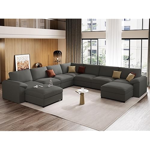 EASE MOOSE Oversized U Shaped Couch,Modular Sectional Convertible Sofa with Wide Deep,Extra Large Faux Leather Scratch Resistant Modern Couch for Big Spaces,Grey