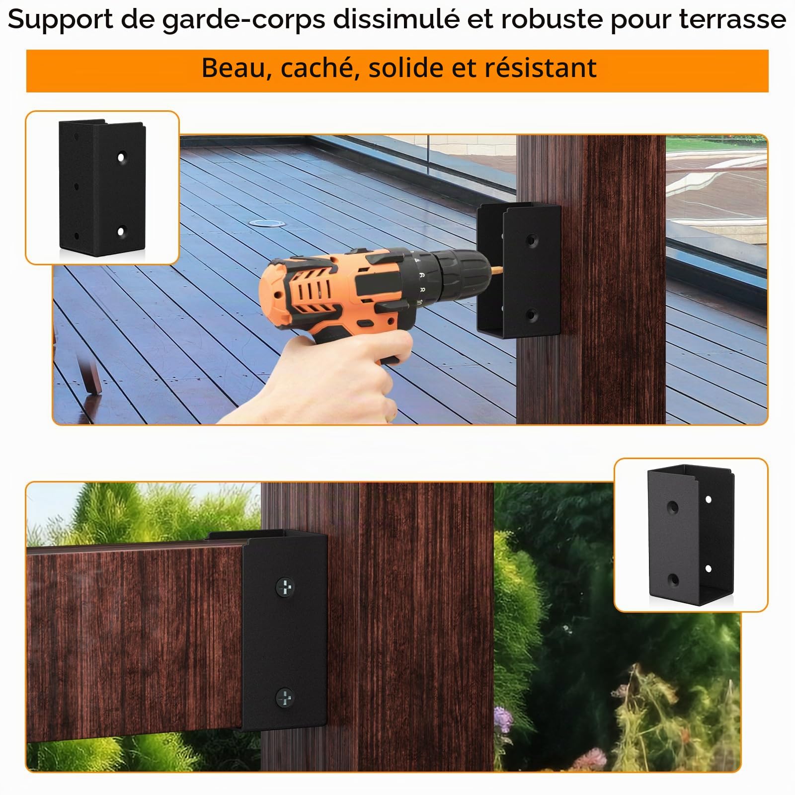 Lot de 8 Connecteurs de Balustrade - Supports Cachés Pour Clôture, Véranda, Jardin - Pour Connecter du Bois de 5,8 x 10,12 cm à des Poteaux en Bois