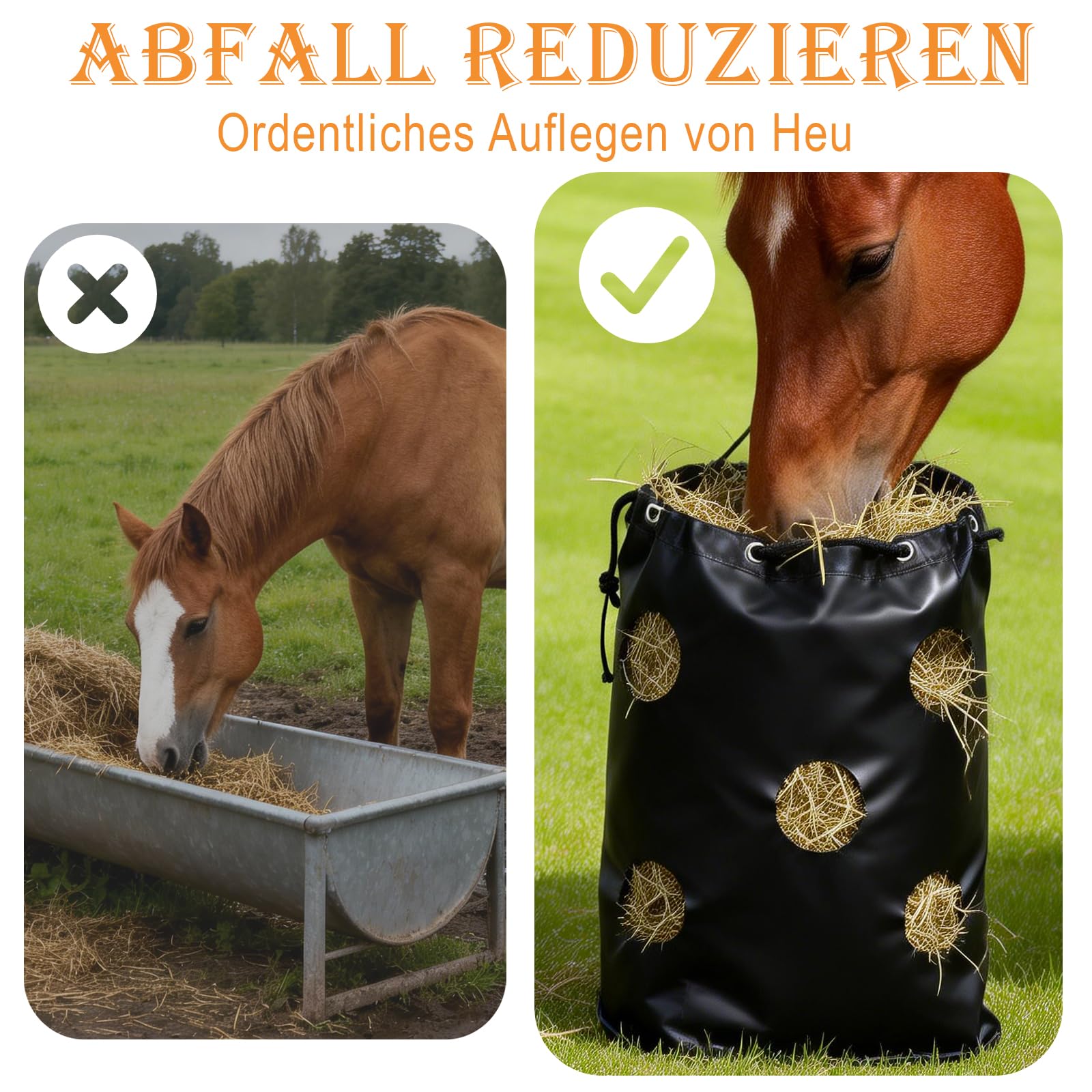 Haybag Heubeutel Heusack Heunetz, heunetz für Pferde,16 Löchern Ø8cm, Heutasche bis 90L, einfach befüllen