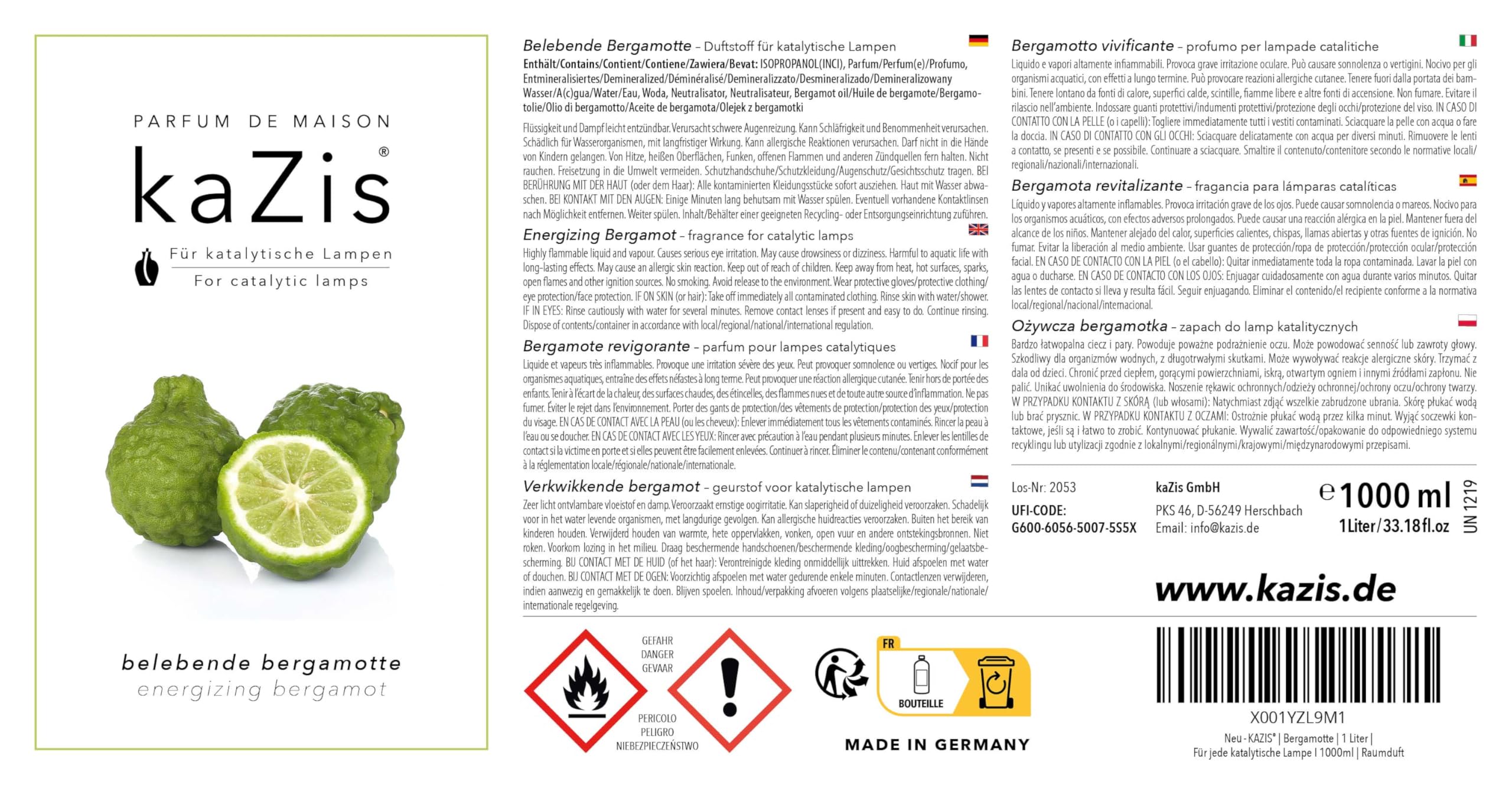 KAZIS® I Duft-Set Neutrale Essenz + Bergamotte I 2 x 1 Liter I Für Alle Katalytischen Lampen geeignet I