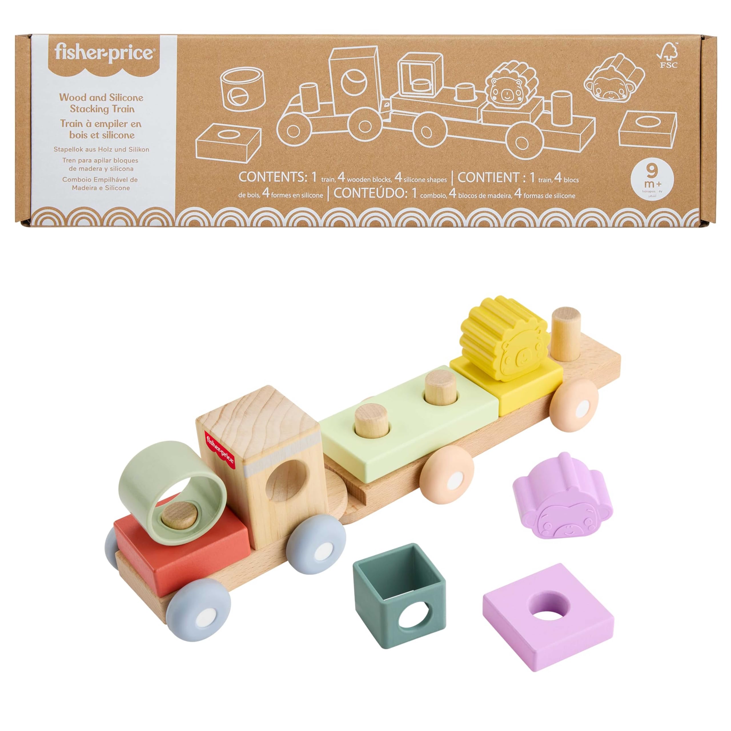 Fisher-Price - Trenino Impilabile, Set a Spinta per attività motorie con 9 Pezzi in Legno e Silicone, Include Un Trenino con Ruote mobili, 4 Blocchi e 4 Forme, 9+ Mesi, JKH08