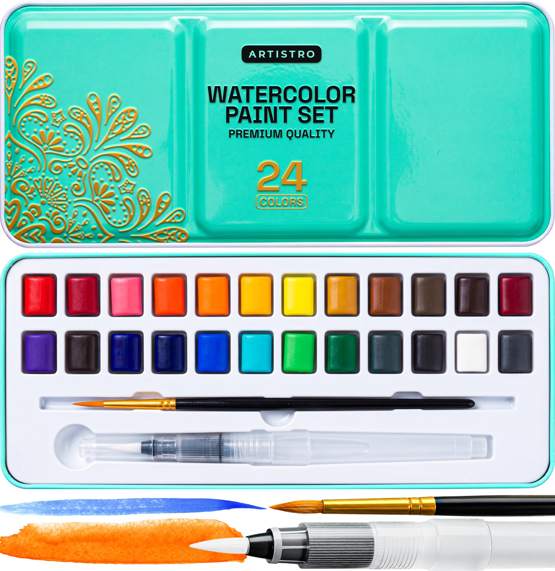 ARTISTRO Watercolor Paint Set with Palette &amp; Brush Pens - 24 Colors