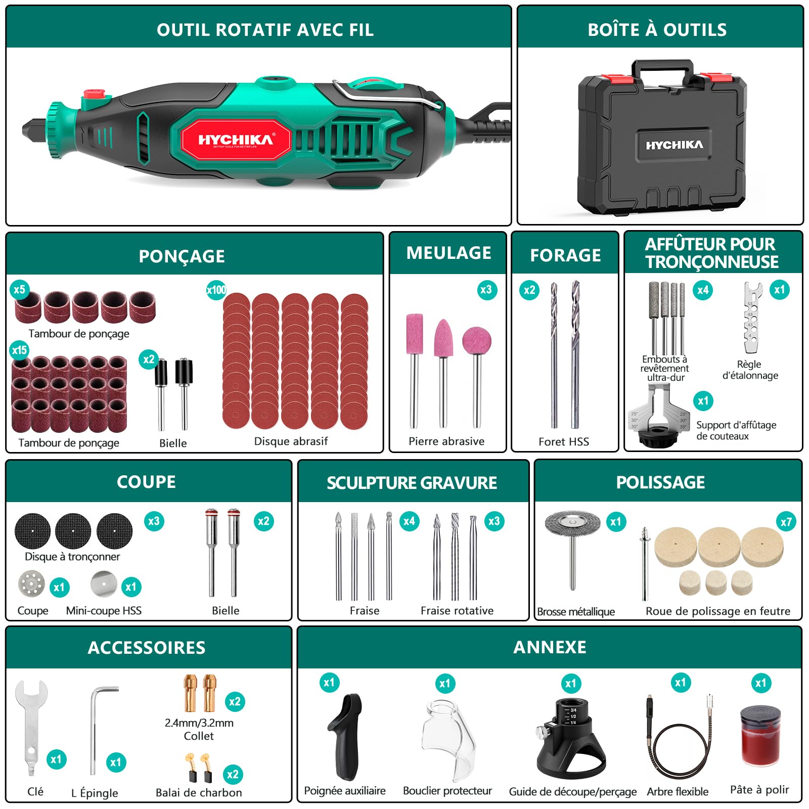 HYCHIKA 150W Outil Rotatif Affûteuse Chaîne 7 Vitesses 10000-33000 tr/min 167 Accessoires Ponçage Polissage Découpe Perçage Gravure