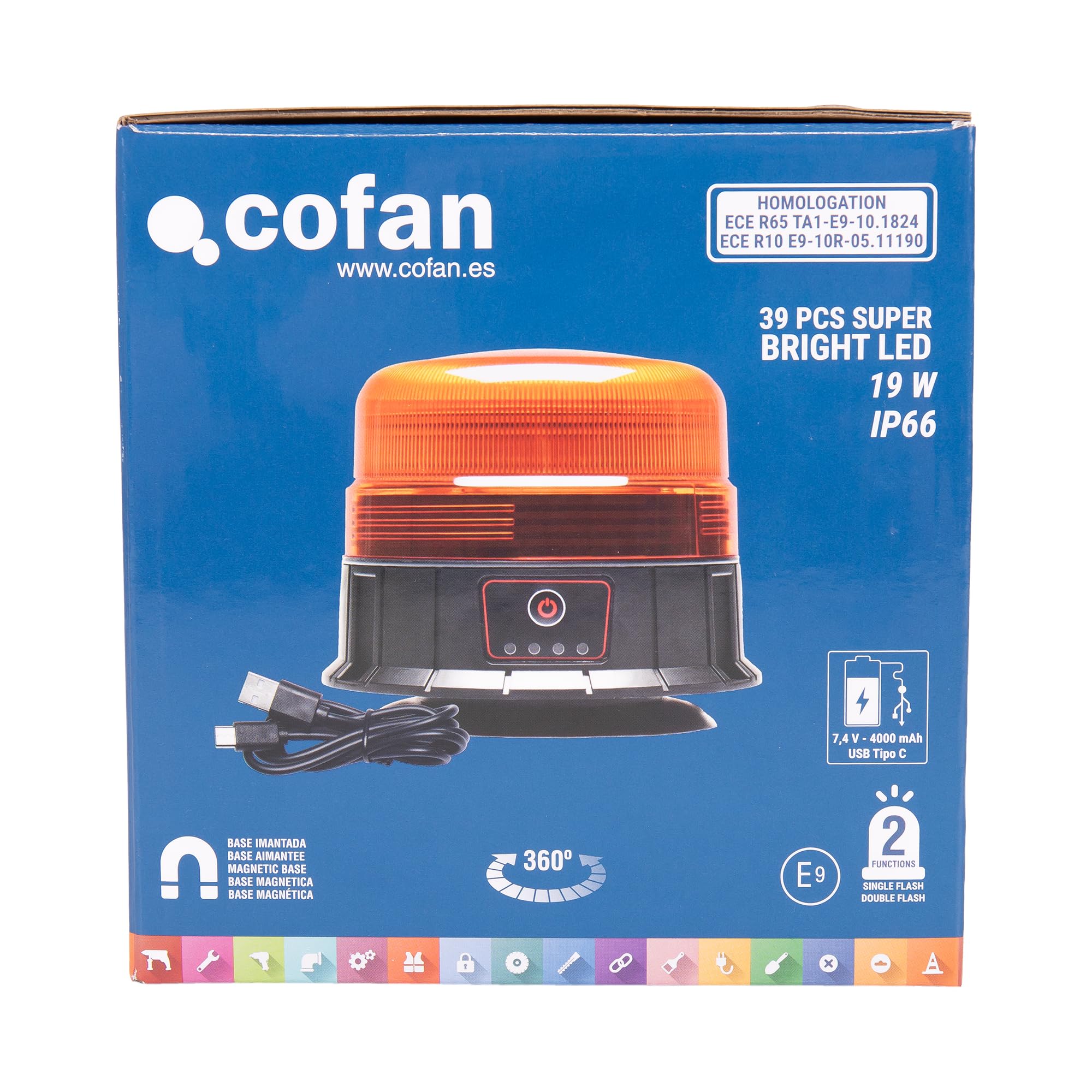 Cofan Luz Giratoria LED Ámbar con 39 SMD | Recargable por USB-C | Imán Fuerte | 7h de Autonomía | IP66 | Para Vehículos Industriales y Agrícolas