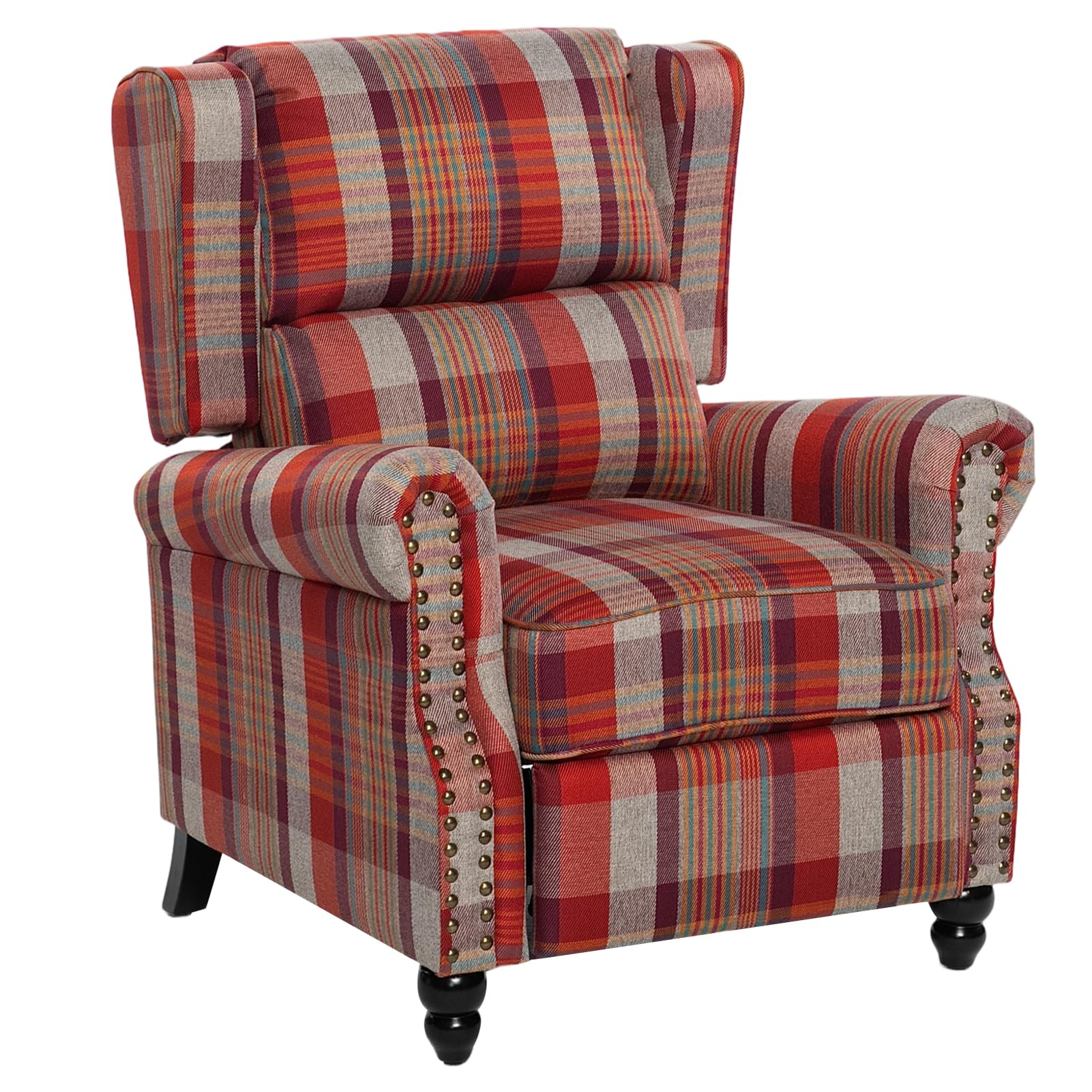 INMOZATA Wingback Tartan Recliner Chair Linen Recliner Armchair Pushback Fireside Chair with Pillow and Wooden Legs for Living Room, Bedroom, Home Office(Blue) — image 1