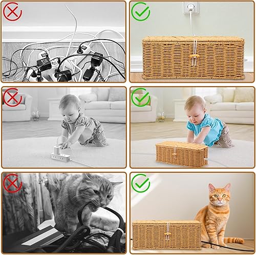 Miniatura 7 de Caja de organización de cables, organizador de cables de ratán de imitación hecho a mano, organizador de cables de ranuras abiertas, organizador de