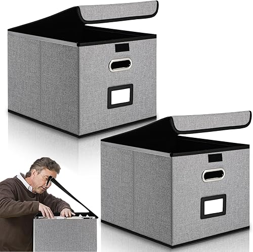 Aliceset Paquete de 2 cajas organizadoras de archivos de lino para colgar documentos de oficina con tapa, organización de álbumes de recortes para