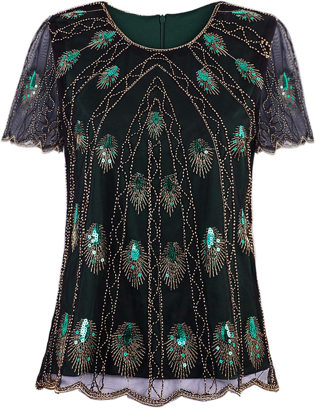 Vijiv Women's 1920s Vintage Beaded Evening Top Art Deco Scalloped Hem Peacock Sequin Embellished Blouse Tunic
