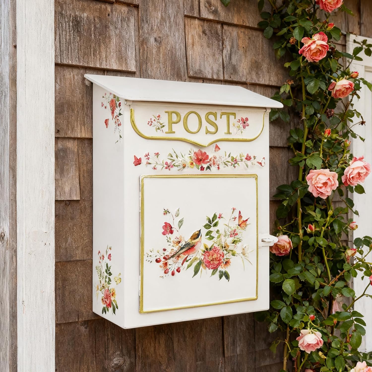 Vintage Mailbox Wall Mount Mailboxes for Outside Small Mail Boxes for House Outside Metal Drop Box Antique Style Nostalgic Charm Home Decorative, Flower Pattern (Pink, Small)