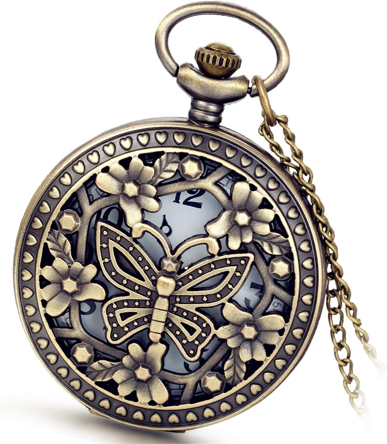 Antique Bronze Retro Hollow Rose Flowers Openwork Quartz Pocket Watch for Women