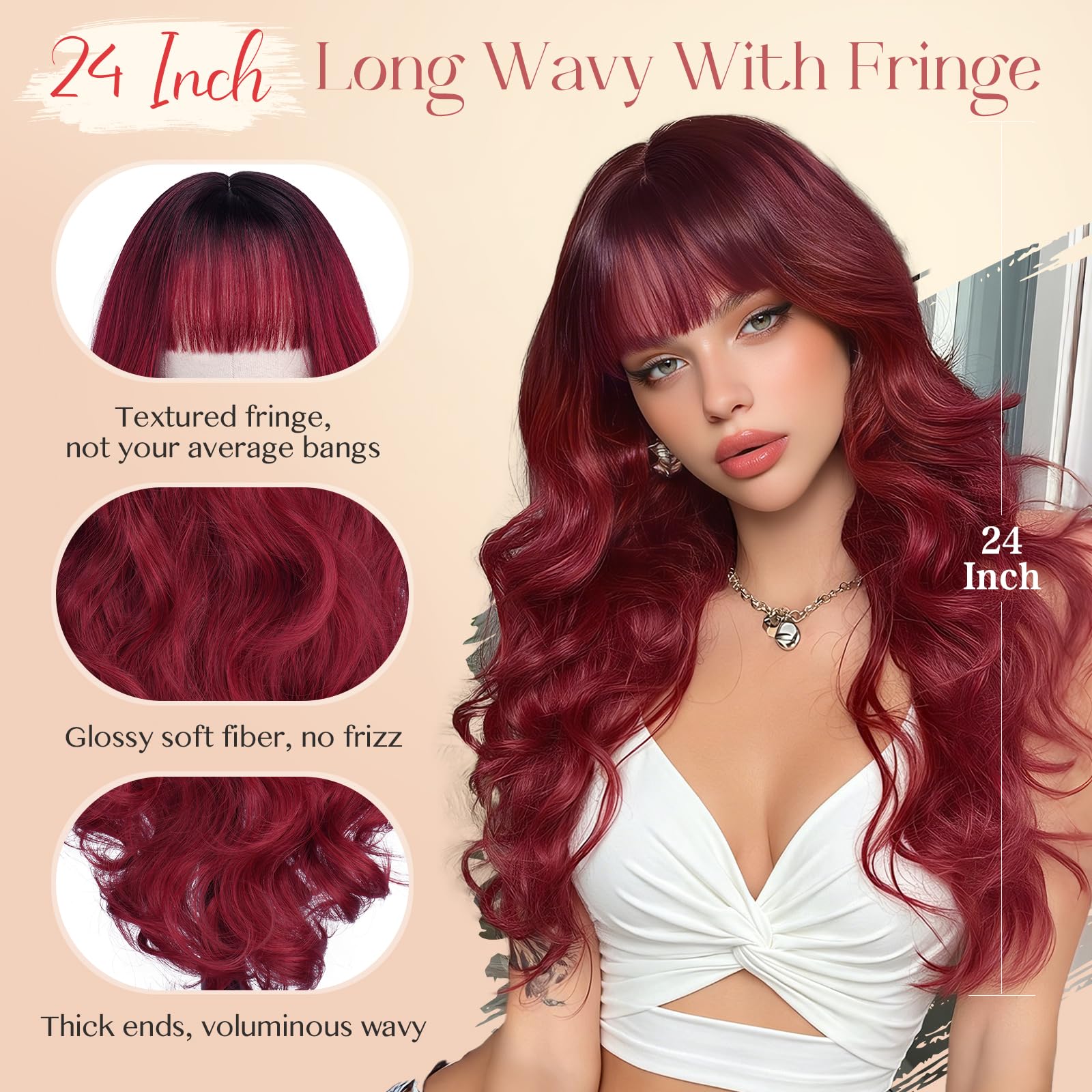 Sofeiyan Pelucas Largas Onduladas con Flequillo,60 cm Negro Burdeos con Degradado Pelucas Mujer Pelo Natural,Peluca Sintético Para Diario Festival de Música y Fiesta de la Hoguera Cosplay