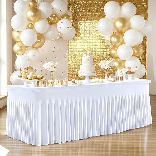 Miniatura 4 de Paquete de 2 manteles blancos para mesas rectangulares de 6 pies, manteles de elastano ajustables de 6 pies, manteles elásticos de 6 pies, manteles