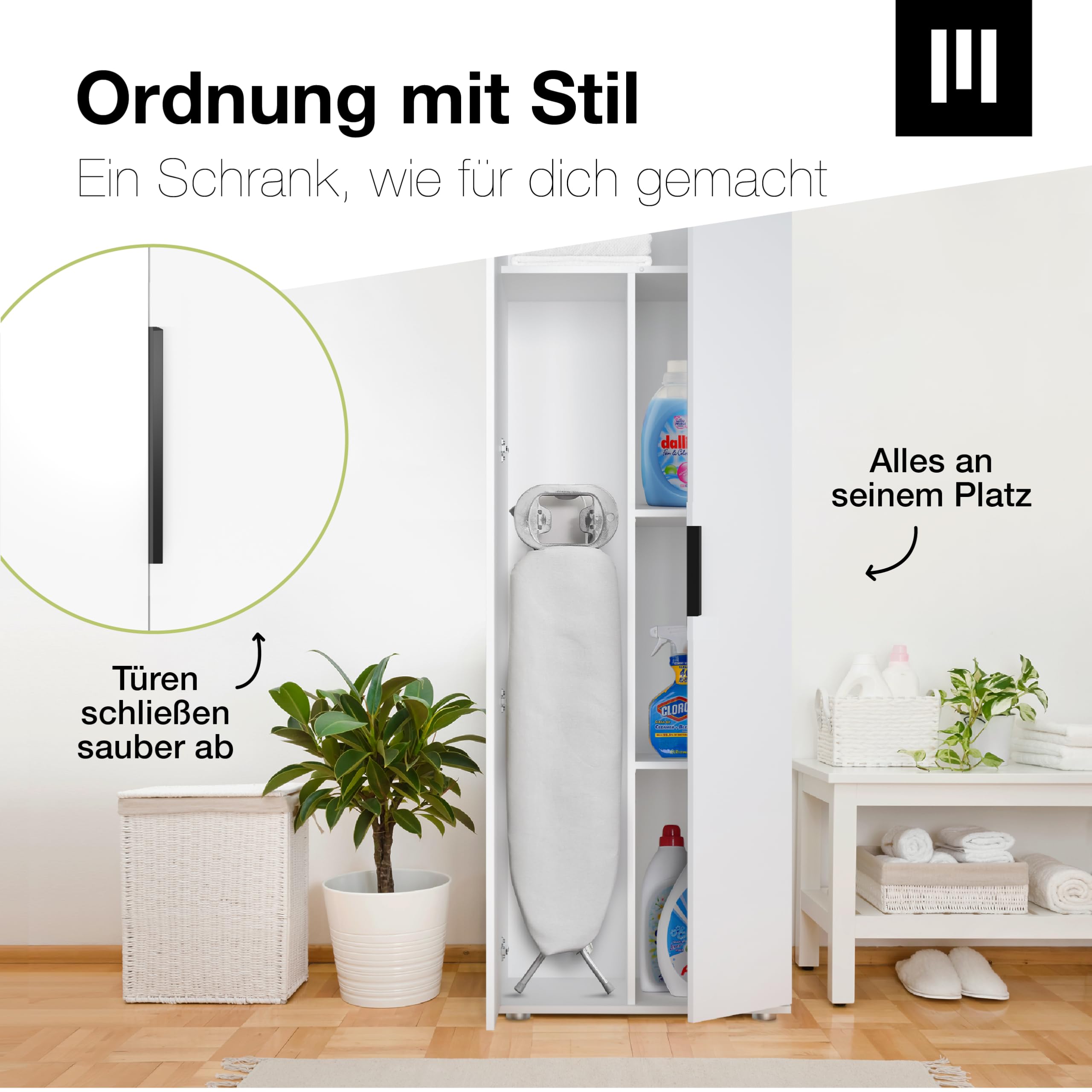 MANUMA Besenschrank 60 cm breit Flurschrank Vorratsschrank - Aufbewahrungsschrank 5 Fächer - Mehrzweckschrank Haushaltsschrank