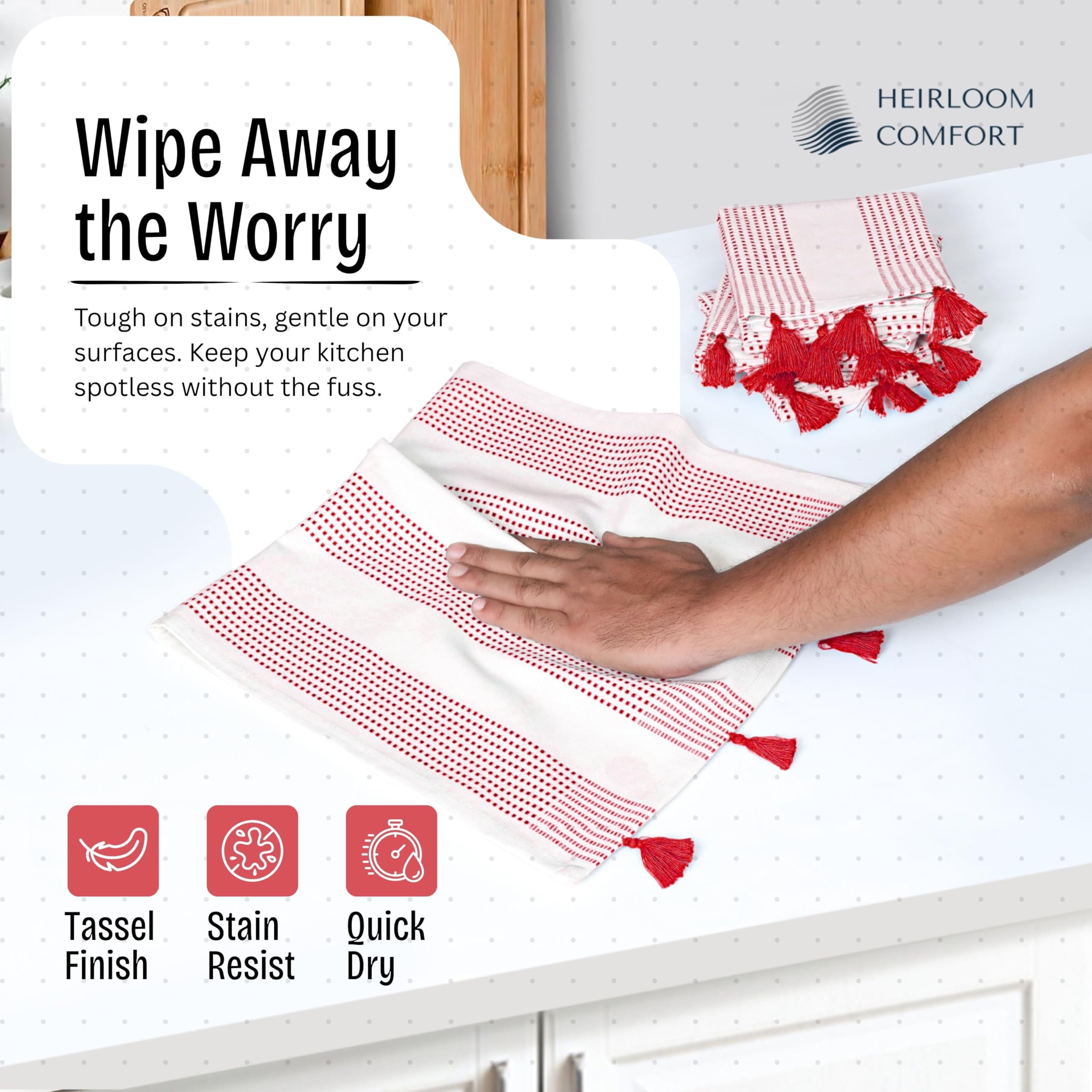 Strofinacci da cucina decorativi a pois rossi, 40 x 66 cm, confezione da 12, 100% cotone, super assorbenti e morbidi, ad asciugatura rapida, con nappe, per pulire, asciugare i piatti
