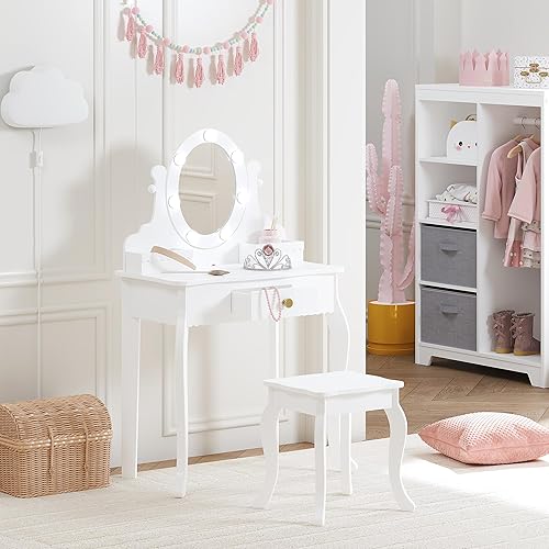 Miniatura 5 de Spirich Vanidad para niños, juego de tocador para niñas con espejo, taburete y luces, juego de mesa y silla de tocador para niños, mesa de tocador