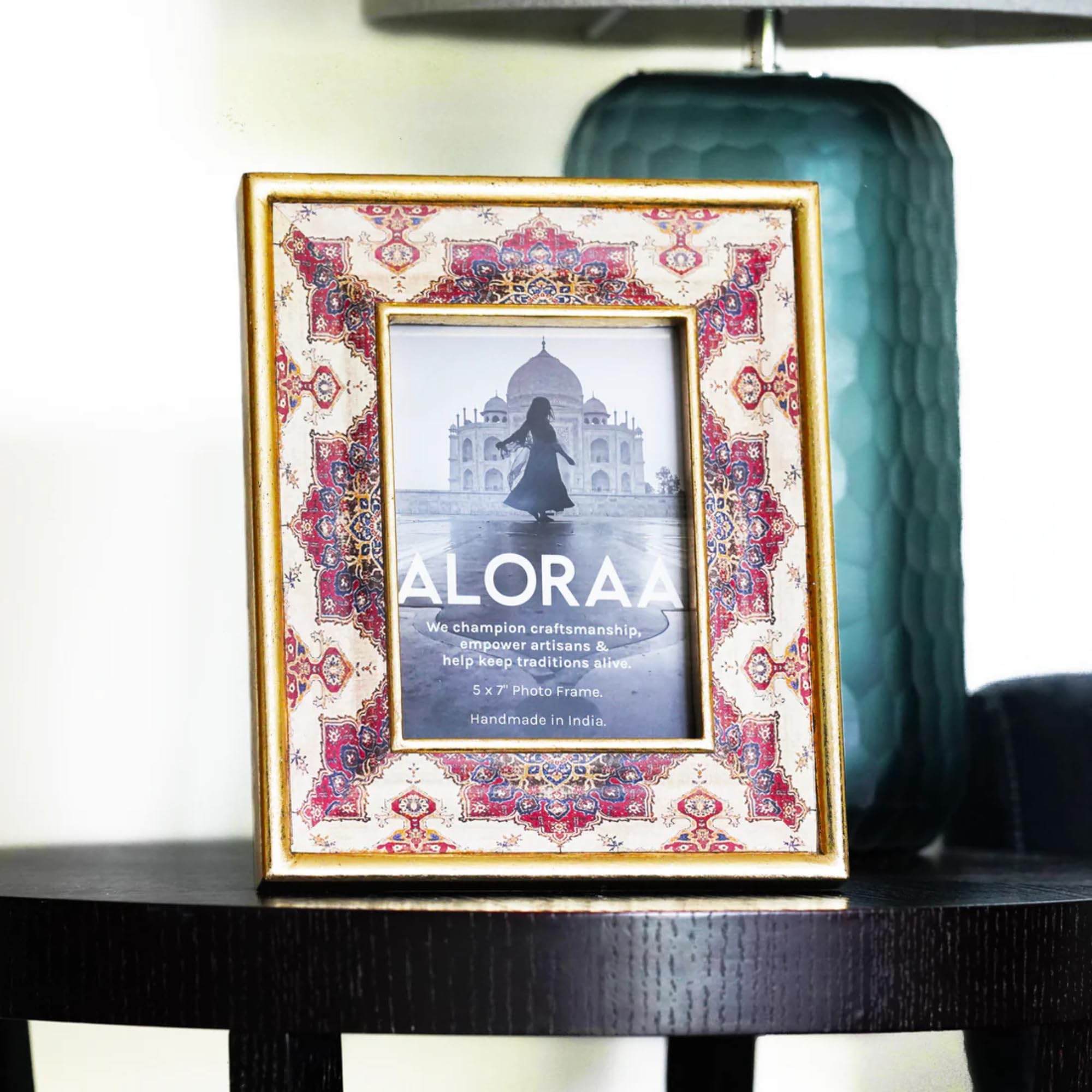ALORAA Handcrafted Persian-Inspired Ivory Photo Frame 5x7 Inch β Rustic Gold Finish with Low Pixel Vintage Print & Foil Detail β Portrait or Landscape Display β Artisan Home DΓ©cor Gift