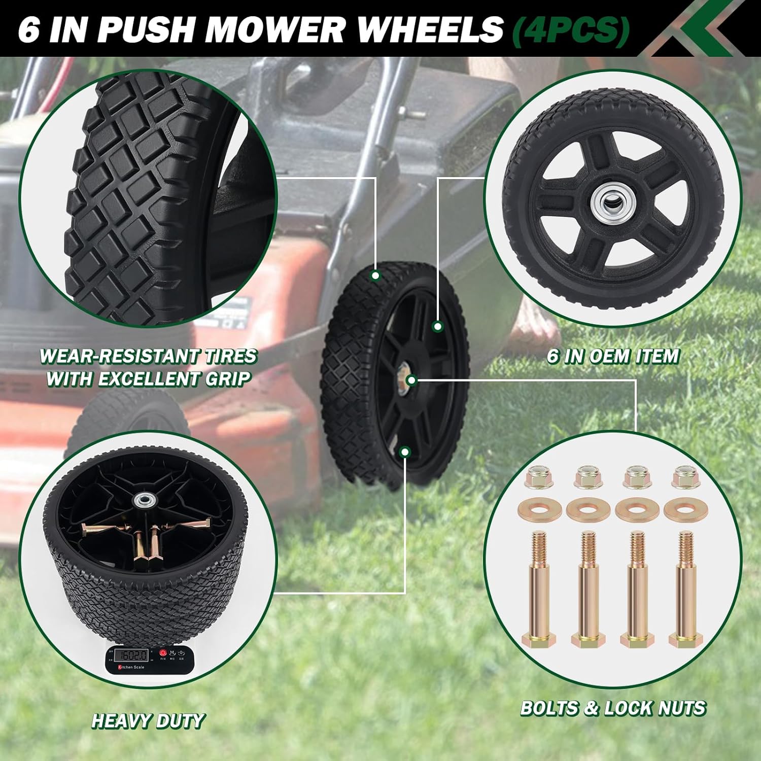 CheeMuii 4 Pcs 6 Inch Lawn Mower Wheels 4 Pack 6" Push Mower Wheels with Bolts Gaskets and Lock Nuts Kit Fit for Most Standard push Lawn Mowers/Generator/Garden Tiller/Handtruck