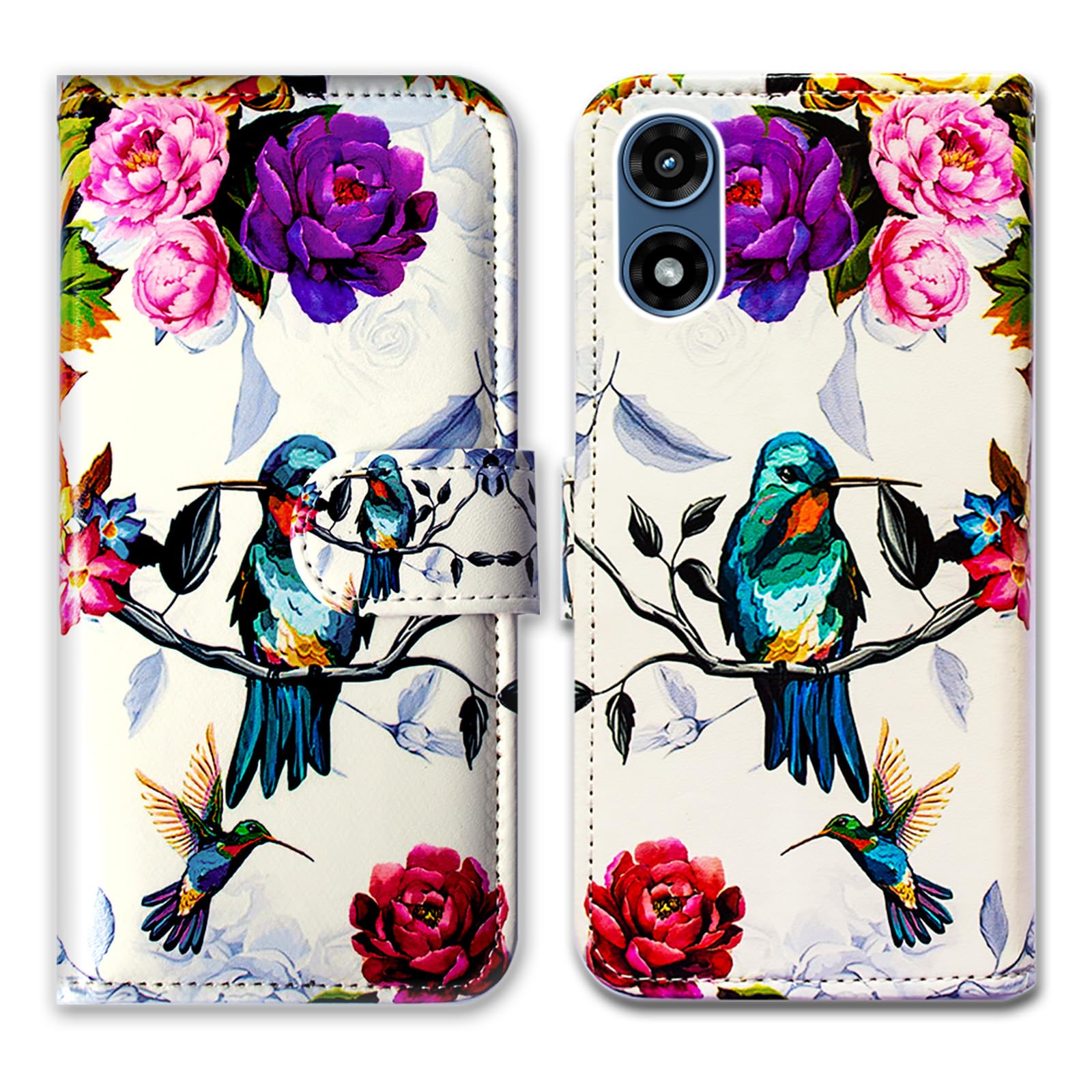 Bcov Case for Moto G Play 2024,Hummingbird in Flowers Bird Leather Flip Phone Case Wallet Cover with Card Slot Holder Kickstand for Motorola Moto G