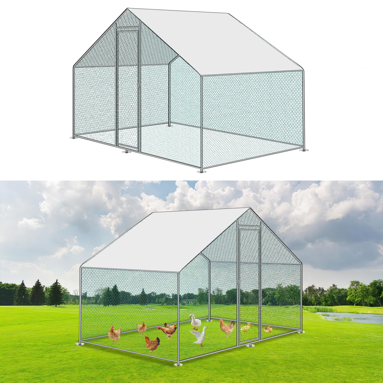 Hühnerstall 3x2x2m Metall Freilaufgehege Freigehege mit Dachplane Schloss, Hühnerkäfig Heimtiergehege Kaninchenstall für Hühner Geflügel