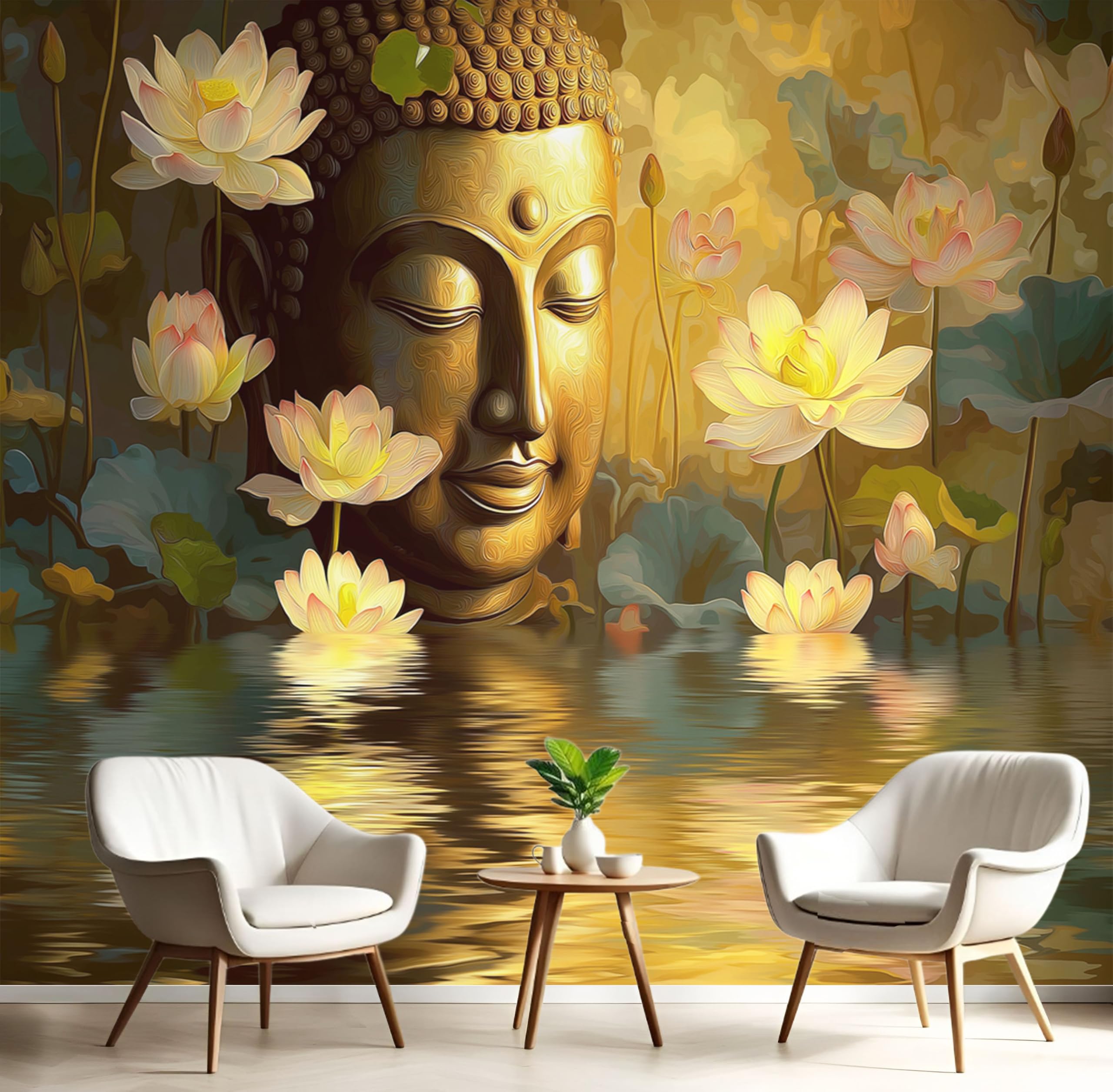 Papier peint statue de lotus 3D panoramique paysage oriental bronze décoration murale salon 300x210