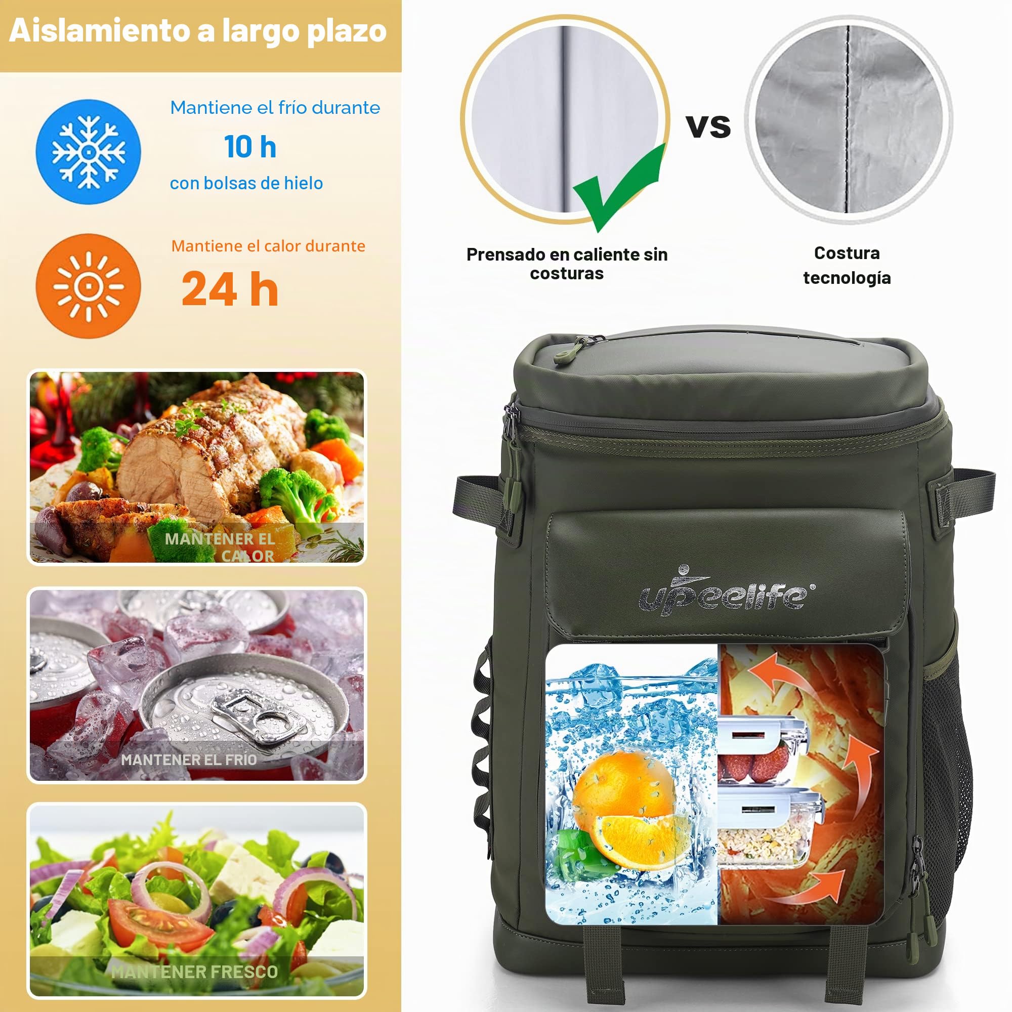 Upeelife Mochila Nevera Isotermica, 30L Grande Mochila Nevera Portatil Impermeable, Bolsa Picnic Termica Prueba de Fugas