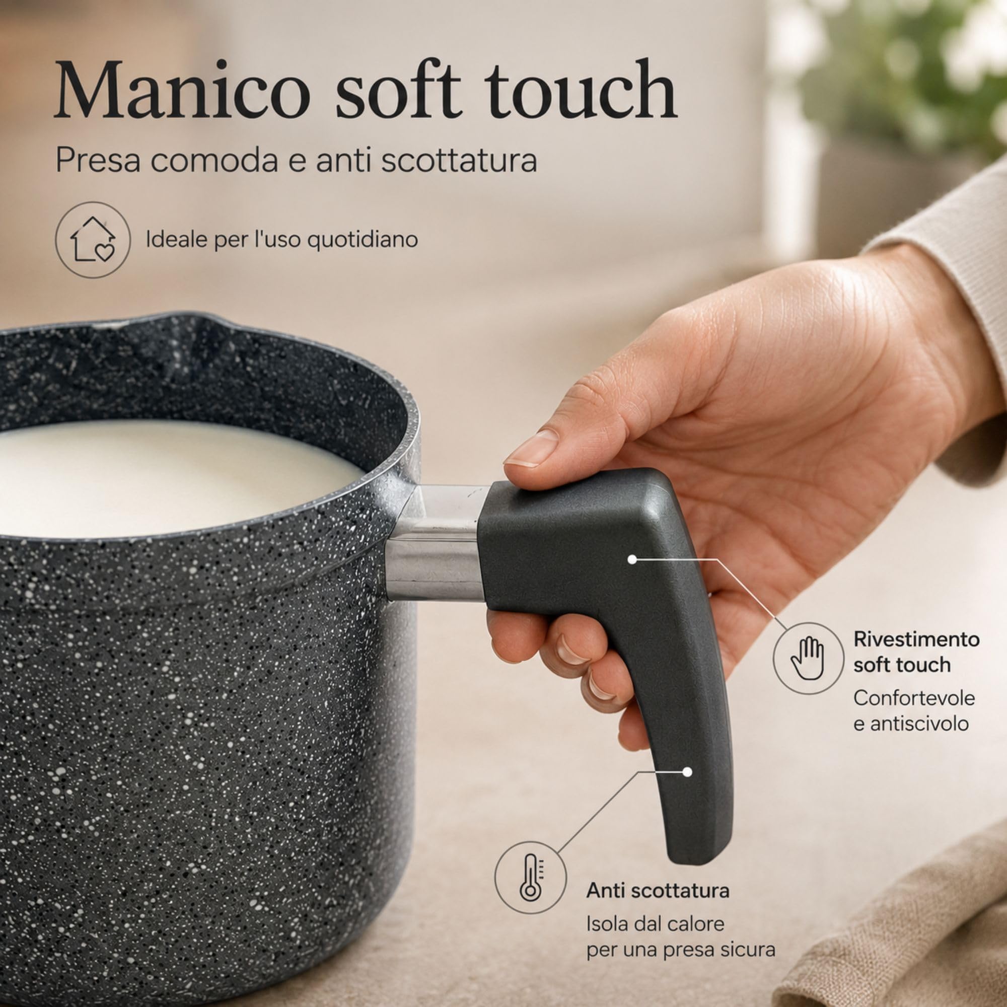 NAMAI - Bollilatte Antiaderente 11 CM Ø, Alluminio Resistente, Manico Ergonomico, Effetto Pietra, Pratico e Resistente, No Induzione, Pentolino Latte