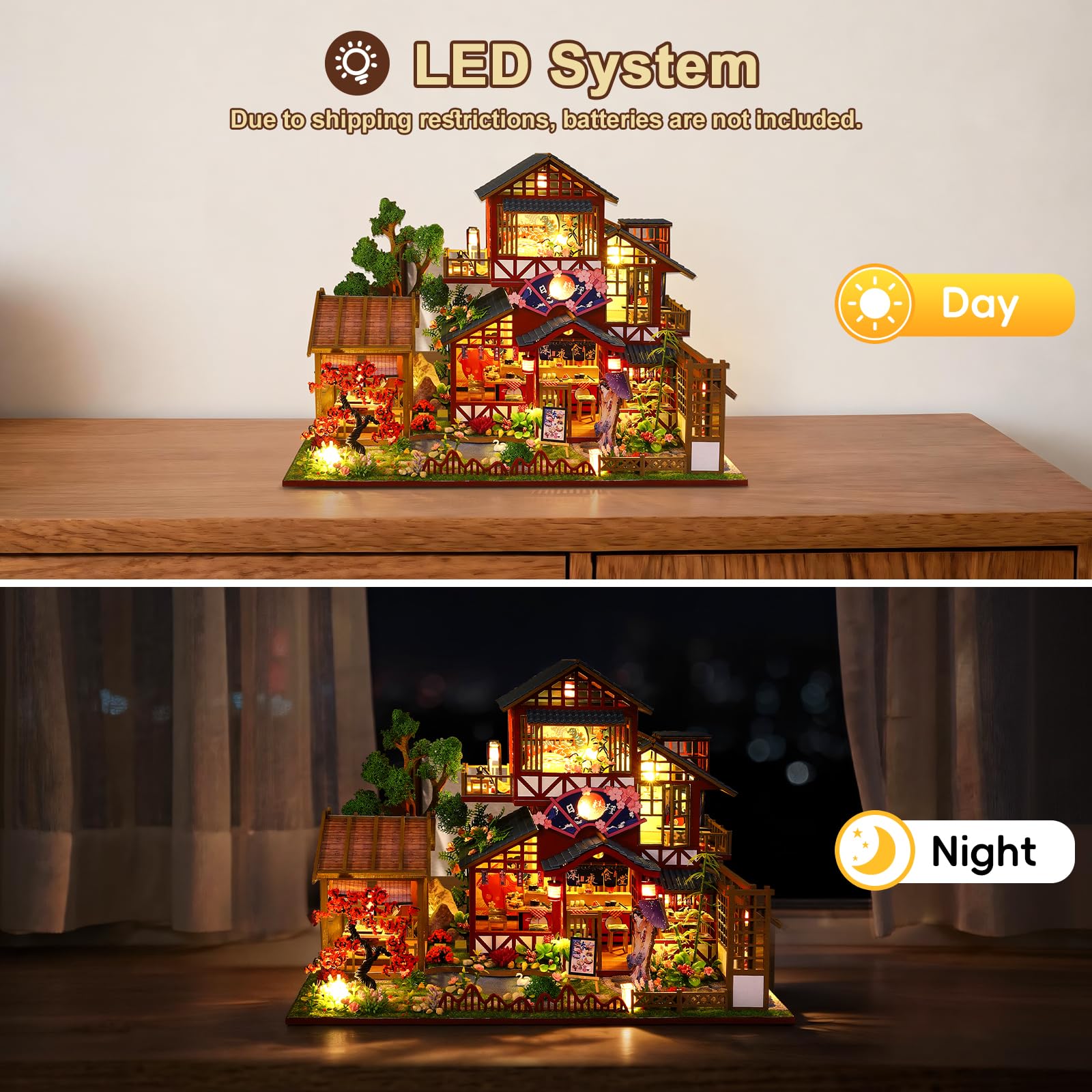 DIY Miniature Maison, Restaurant Japonais Puzzle 3D en Bois avec Lumière LED Musique, Kit de Maison de poupée pour Adultes, Maquette à Décoration pour Bibliothèque, Cadeau d'anniversaire