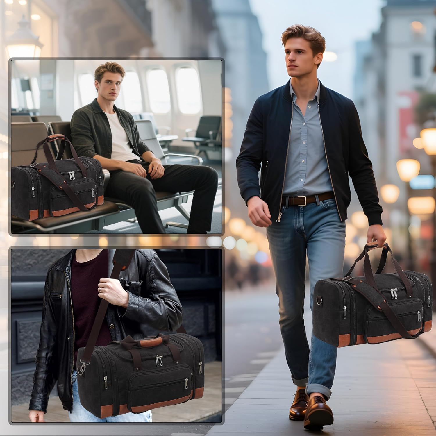 Men'S Duffle Bag For Travel, Expandable Canvas Duffel Bags Overnight Weekend Gym Carry On Luggage Bag For Men(Black) - Image 2