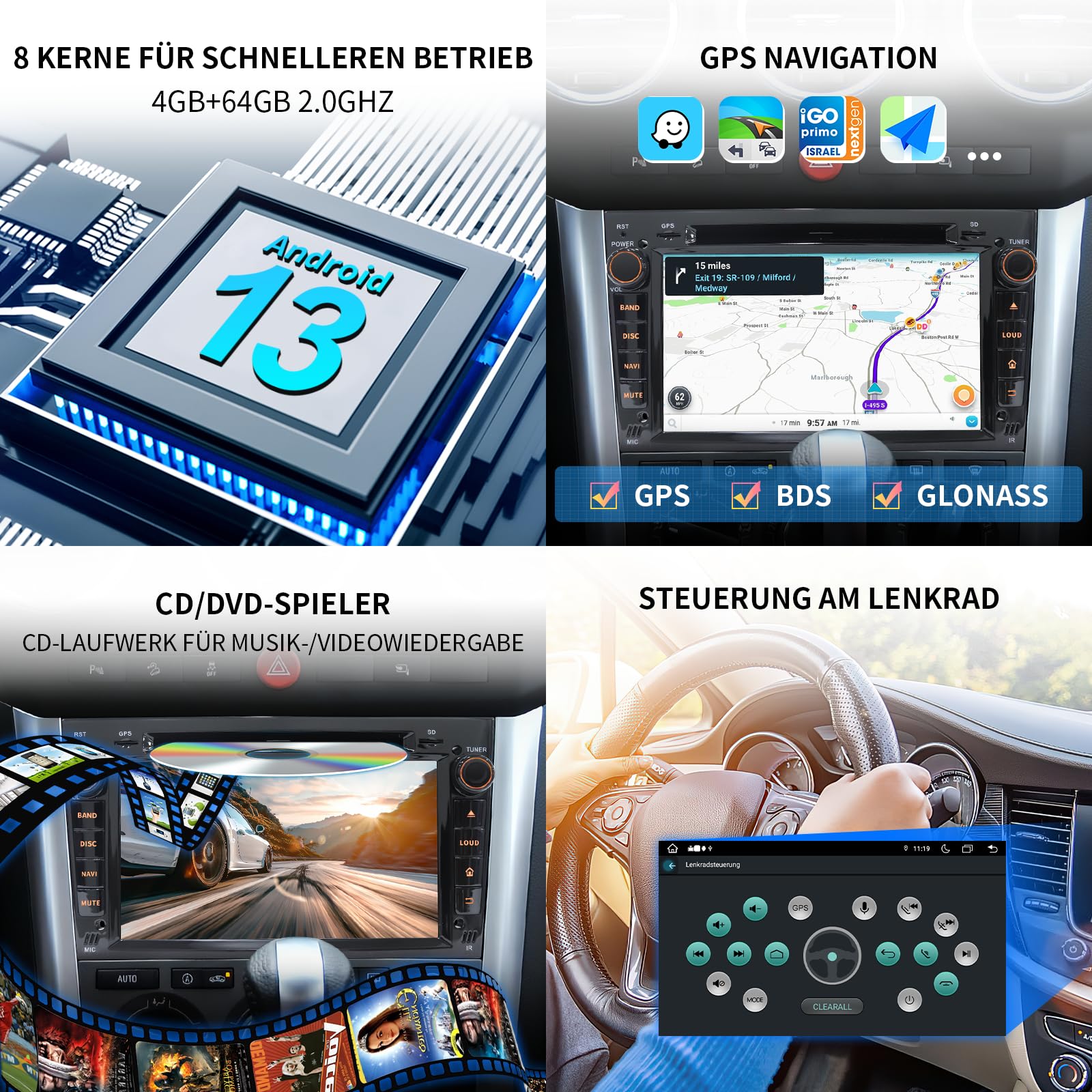 [Android 13.0 4GB+64GB 2.0Ghz] Autoradio Bluetooth Carplay 2 DIN per Opel, Autoradio da 7 Pollici con Schermo WiFi/GPS/RDS/CD DVD/USB/FM/SD/RCA, Supporta il Controllo Del Volante