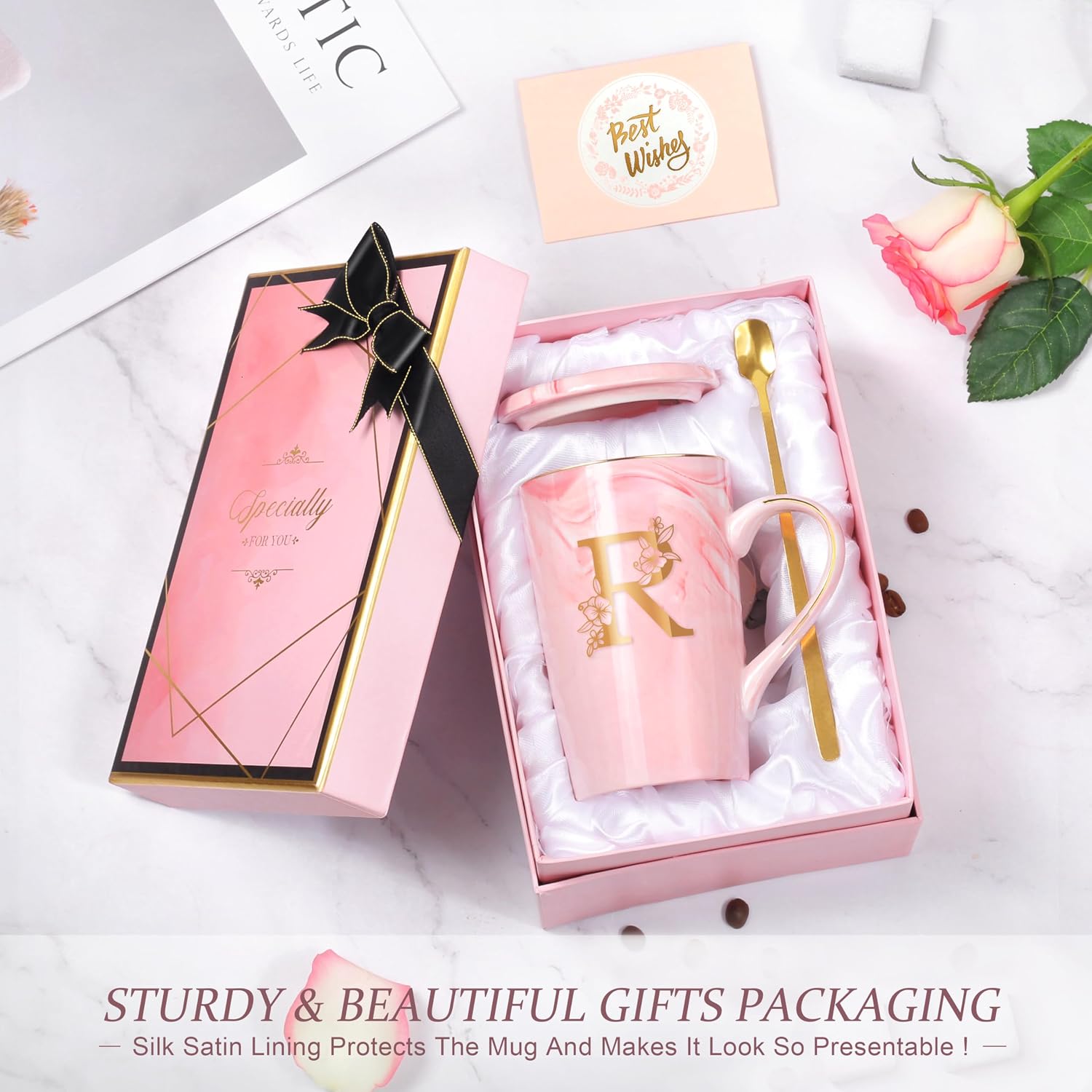 Coffee Mugs - Birthday Gifts for Women, Personalized Initial Customized Mug Tea Cup with Lid 14 Oz Pink, Spoon Greeting Card, Luxury Gift-Boxed Christmas Gift for Her Wife Mom Grandma Friend Unique,R image 2