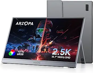 ARZOPA 16.1'' 180Hz 2.5K Portable Monitor, 2560x1440 QHD 107% sRGB Kickstand Portable Gaming Monitor with HDR, Ultra Slim, Eye Care, External Second Screen for Laptop, PC, PS5, Mac, Xbox-Z3FC