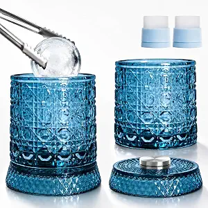360° Rotating Blue Bourbon Glasses Set of 2 with Ice Ball Molds