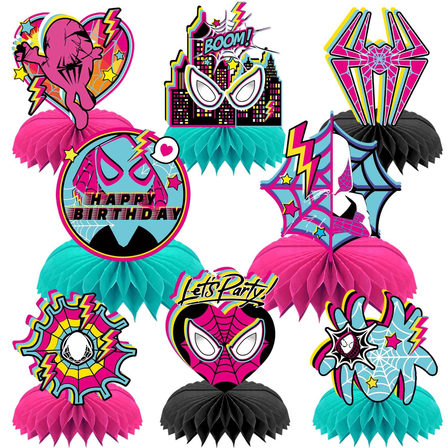 OU RUI 8Pcs Pink Spider Birthday Party Supplies,Pink Spider Honeycomb Centerpieces,Girl Spider Theme 3D Table Decorations