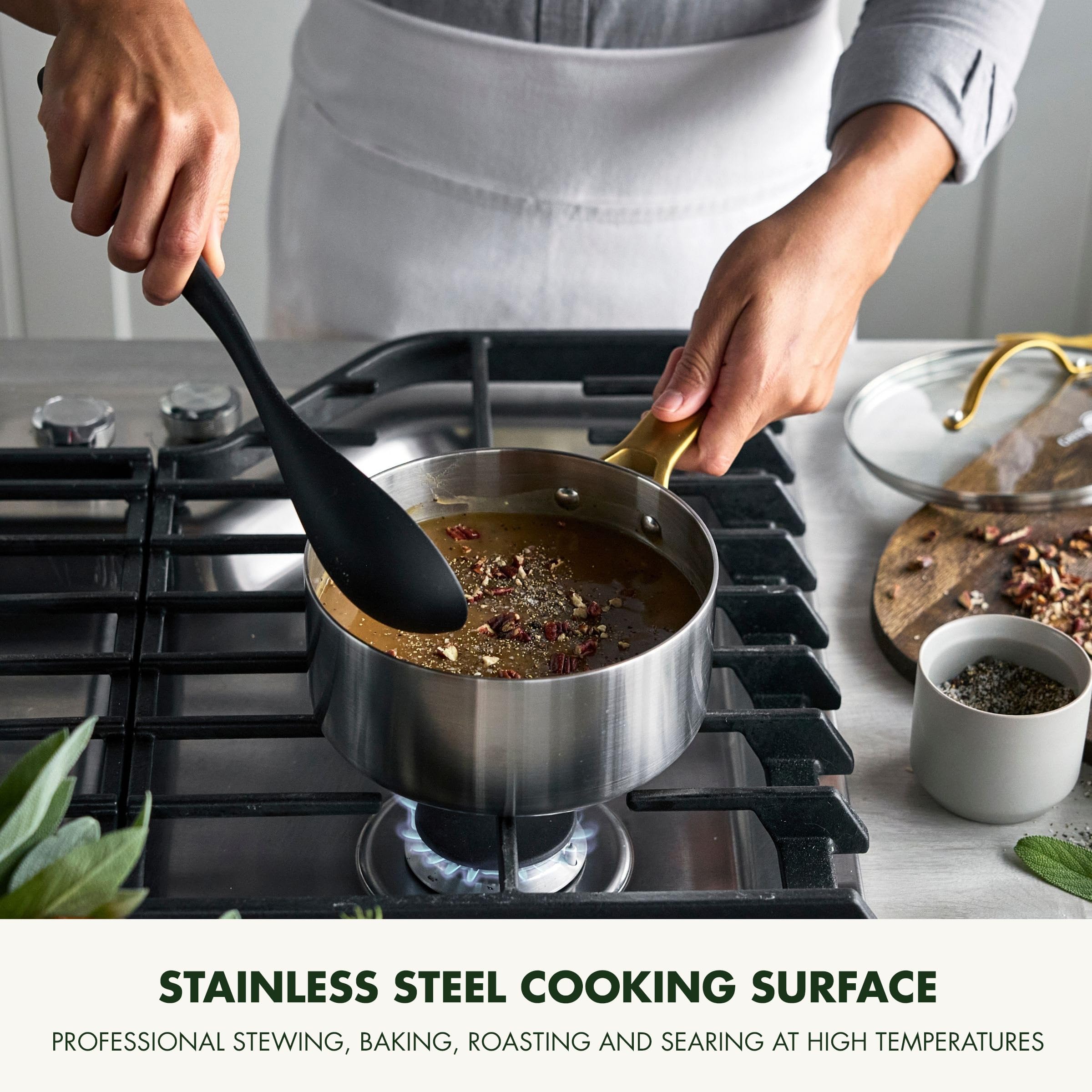 GreenPan Padova - Juego de 6 utensilios de cocina de acero inoxidable con tapa de cristal, ollas y olla sopera, 3 capas, apta para inducción, mango dorado de acero inoxidable, apto para horno hasta