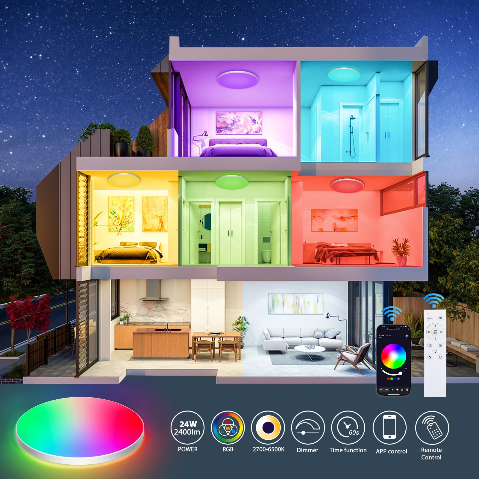 Led Deckenlampe Dimmbar mit Fernbedienung, [4 Stücke] 24W 16 Millionen RGB Farbwechsel Smart led Deckenleuchte Steuerbar via App, 2400LM Deckenbeleuchtung Ø30CM Lampe für Wohnzimmer Schlafzimmer, Weiß