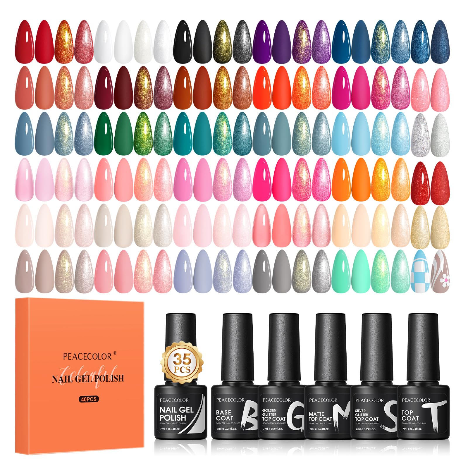 PEACECOLOR Zestaw 40 żeli UV: 35 kolorów + baza i top coat (biały, czarny, różowy, niebieski, czerwony). Świetny prezent dla dziewczynek