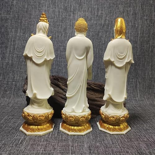 Miniatura 6 de 3 piezas de estatua de Buda, adornos de talla de fruta de marfil Kuan yin-Shakyamuni-Mahasthamaprapta, figura de Buda de estilo chino para