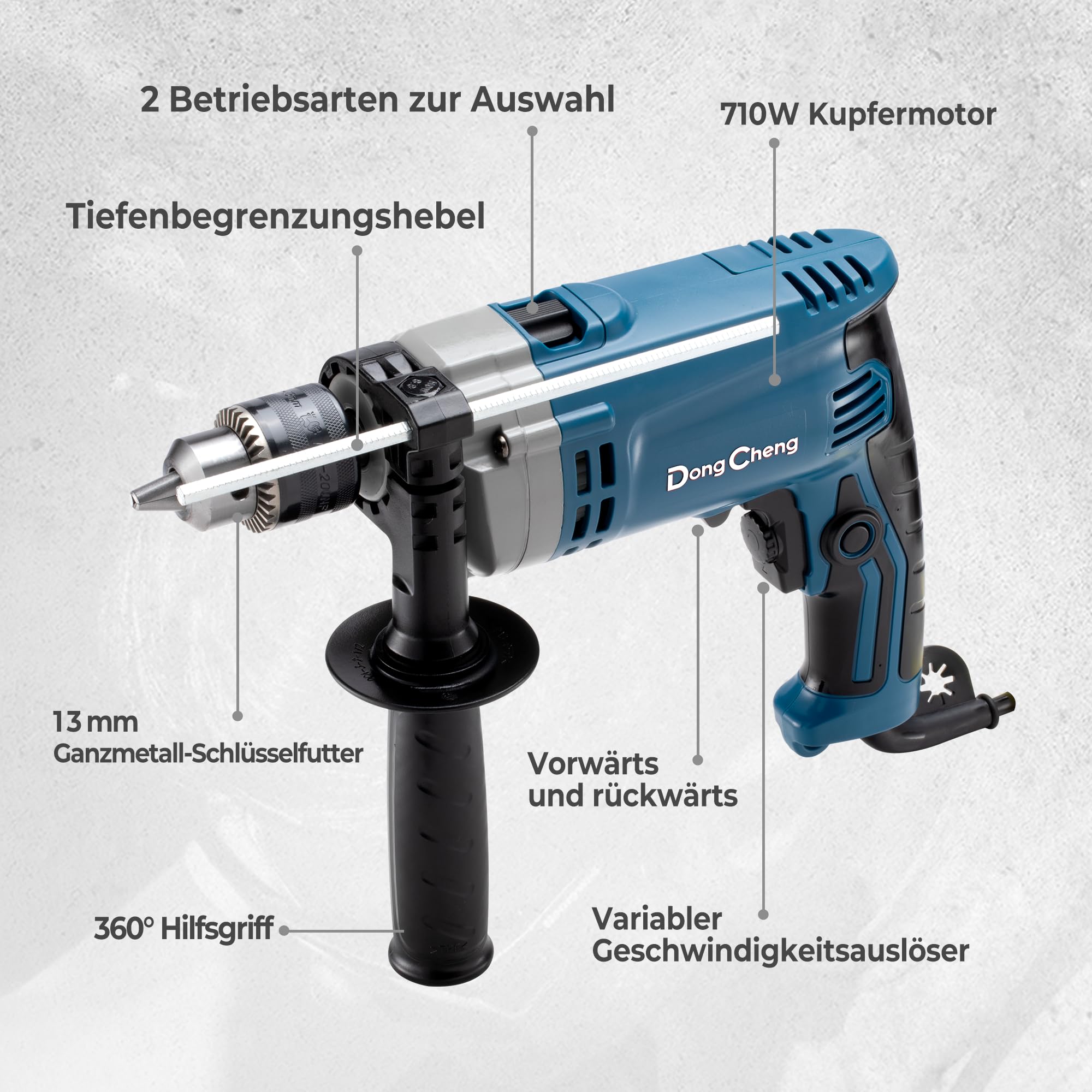 DongCheng Schlagbohrmaschine 710W, 2-in-1 Schlagbohrer, 13mm Bohrfutter, 45,000 IPM, 3000 RPM, 360 ° drehbarer Griff, mit 15 Stück Bohrkronen für Metall, Holz und Ziegelmauer