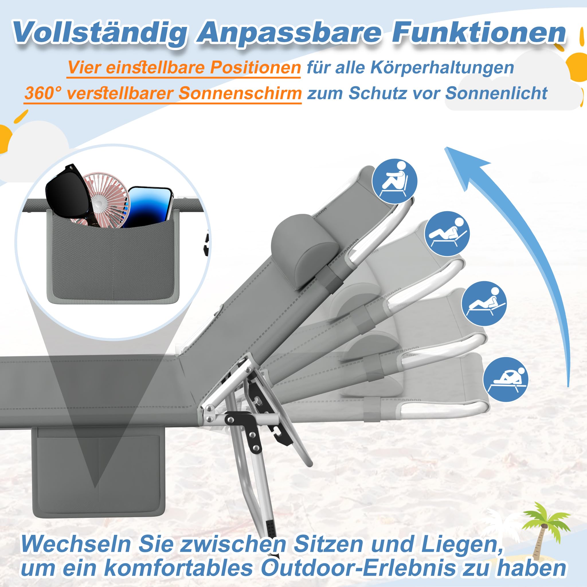 AufuN Sonnenliege Klappbar mit Dach und Seitentasche 195x68 cm Anthrazit | Wetterfeste Gartenliege, stabile Strandliege, Sonnenschutz & verstellbare Rückenlehne, bis 100 kg, ideal für Terrasse Campin