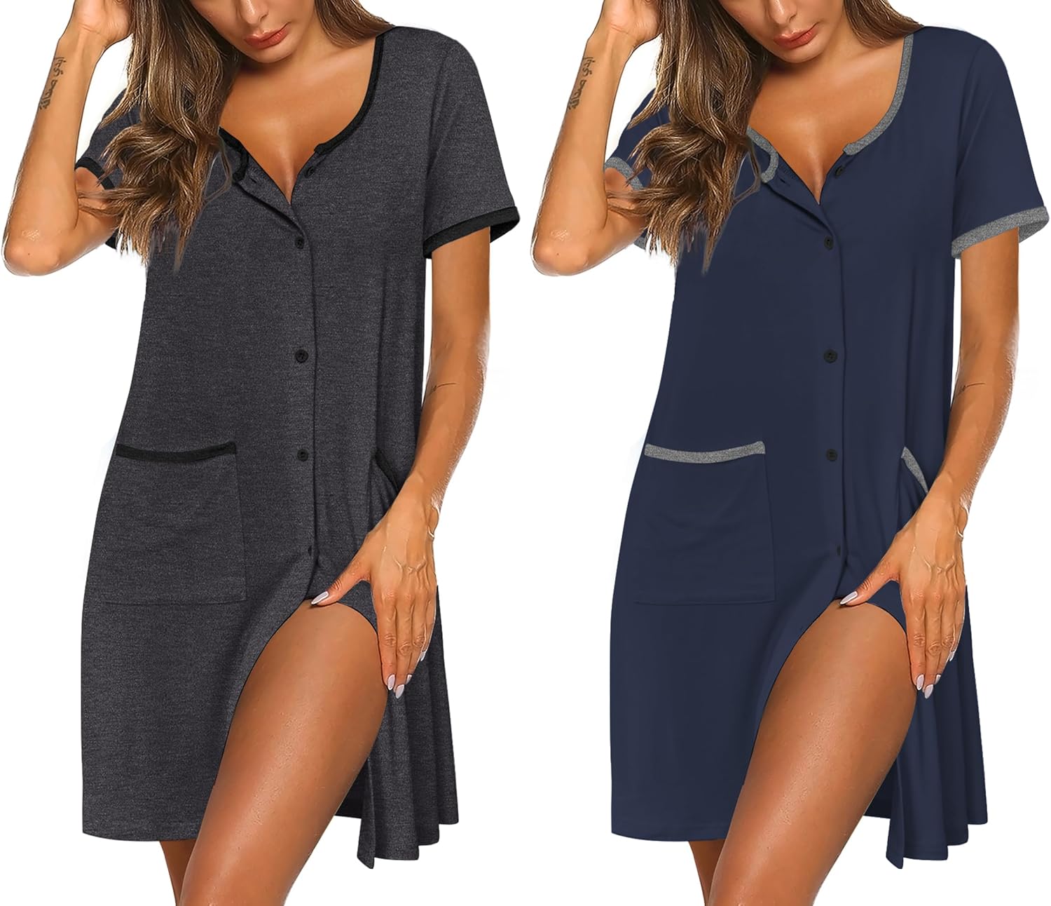 Ekouaer Nightgowns for Women 2 Pack Button Down Sleep Shirts Short Sleeve Nightshirt Sleepwear House Dress with Pockets