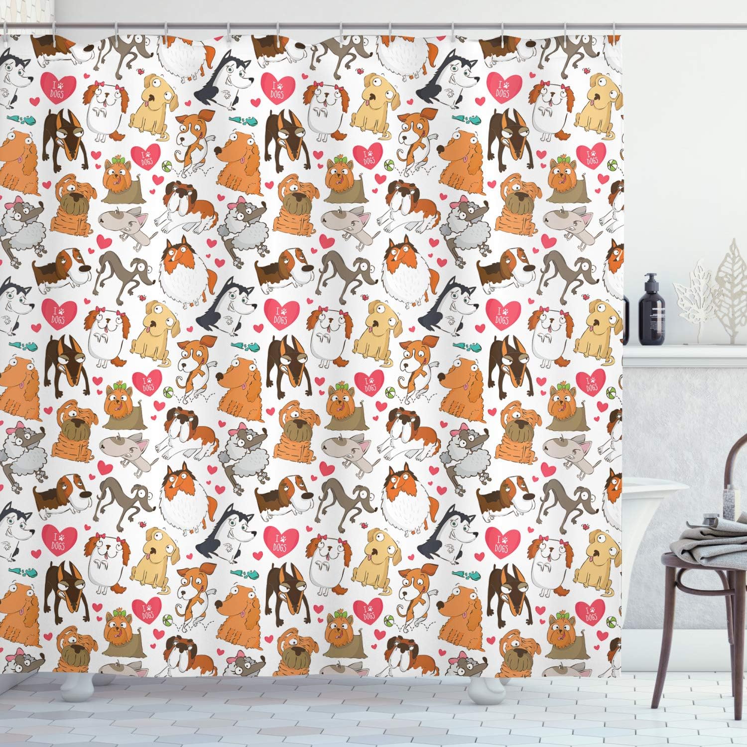 Ambesonne Dog Lover Shower Curtain, Cartoon Canines Bullterrier Doberman Husky Spaniel Love Theme Funny Characters, Cloth Fabric Bathroom Decor Set with Hooks, 69" W x 70" L, Pink Marigold Brown