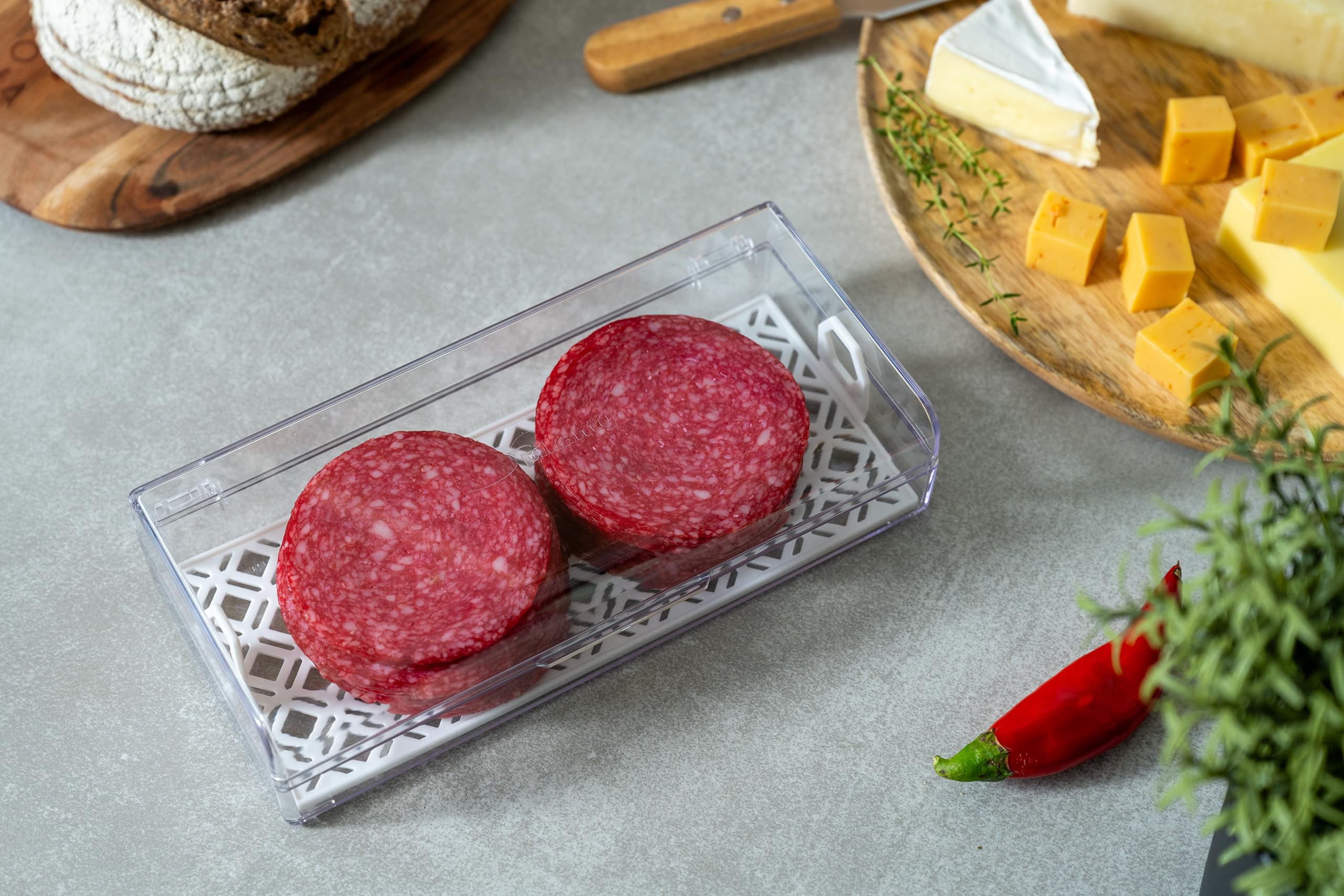 Pikanty Contenedor de carne Deli para refrigerador con bandeja extraíble, hermético para embutidos, queso en rodajas, jamón, pavo, salami y pepperoni, tapa con bisagras, apto para lavavajillas