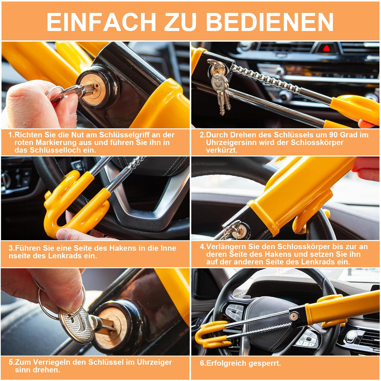 verstellbares Auto-Lenkradschloss inklusive 3 Schlüssel | Diebstahlsicher für Autos, SUVs & Wohnmobile, robust mit PVC-Kratzschutz, universell einsetzbar